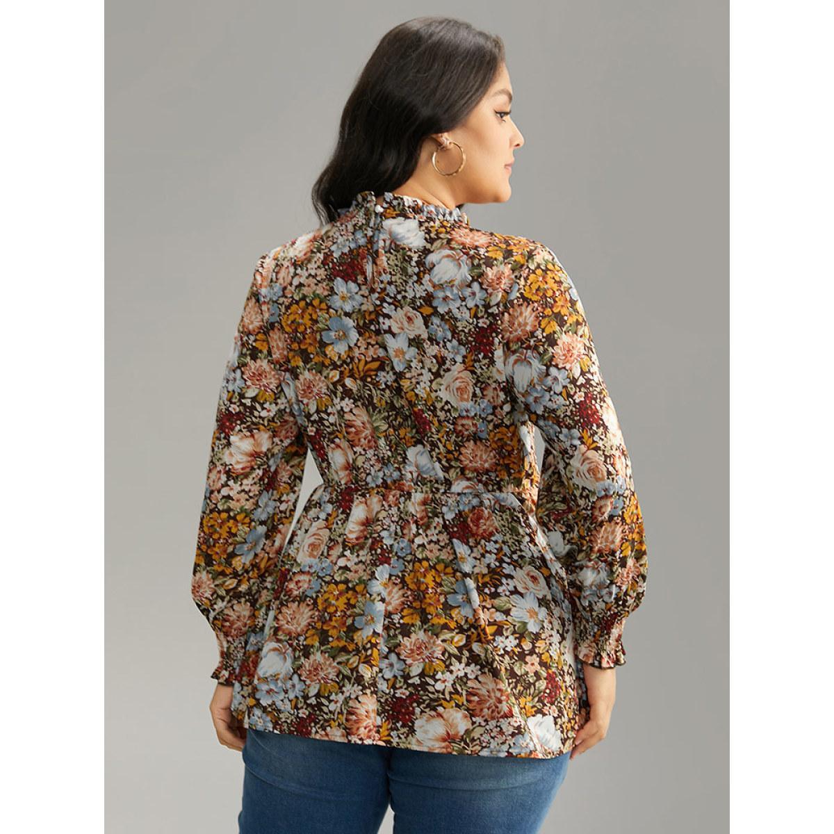Plus Size DarkBrown Floral Shirred Frill Trim Stand Collar Blouse Women Elegant Long Sleeve Stand-up collar Dailywear Blouses BloomChic 12/L Product Image
