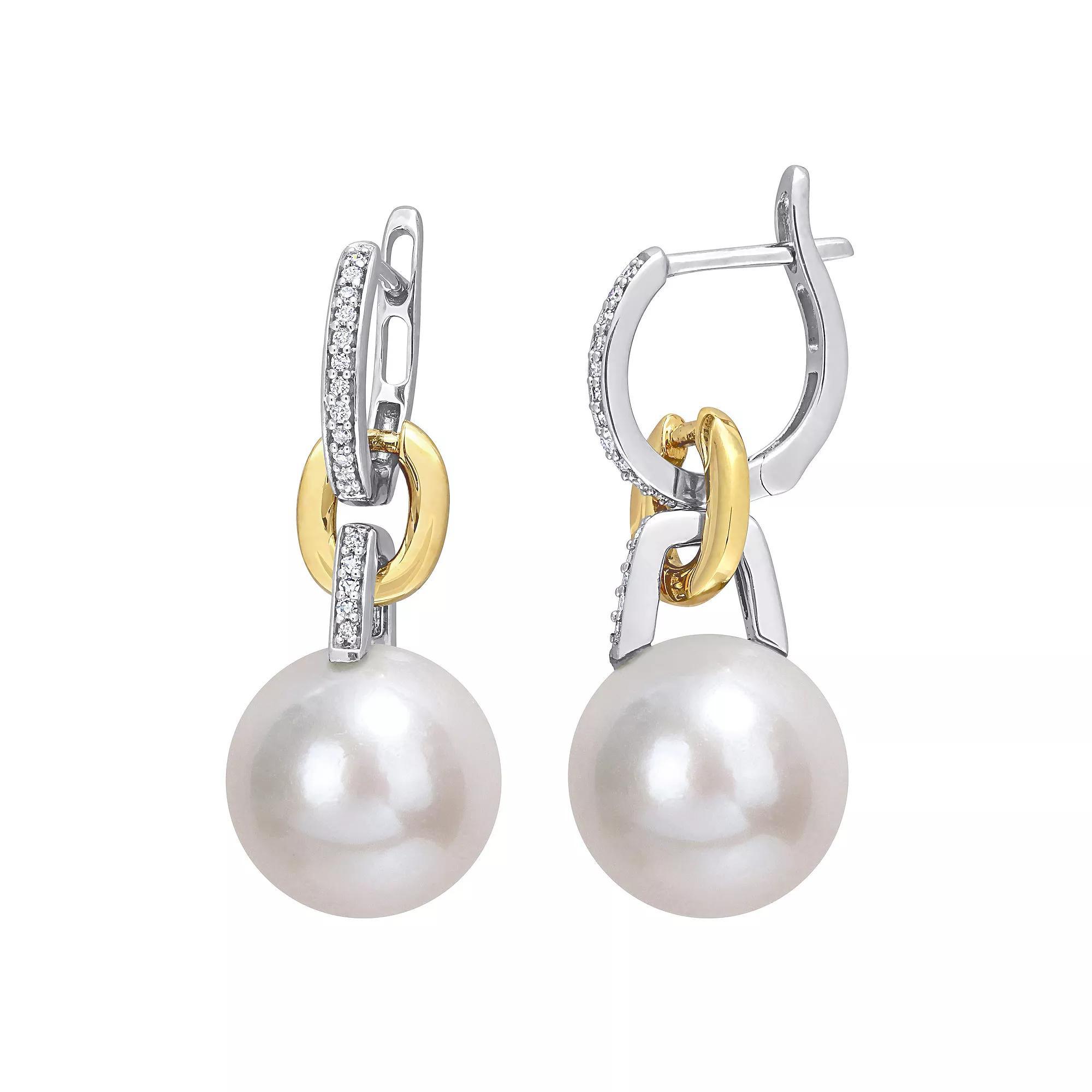 Stella Grace 14k Two-Tone Gold Freshwater Cultured Pearl & 1/10 Carat T.W. Diamond Hoop Drop Earrings, Women's, 14k Two Tone Product Image