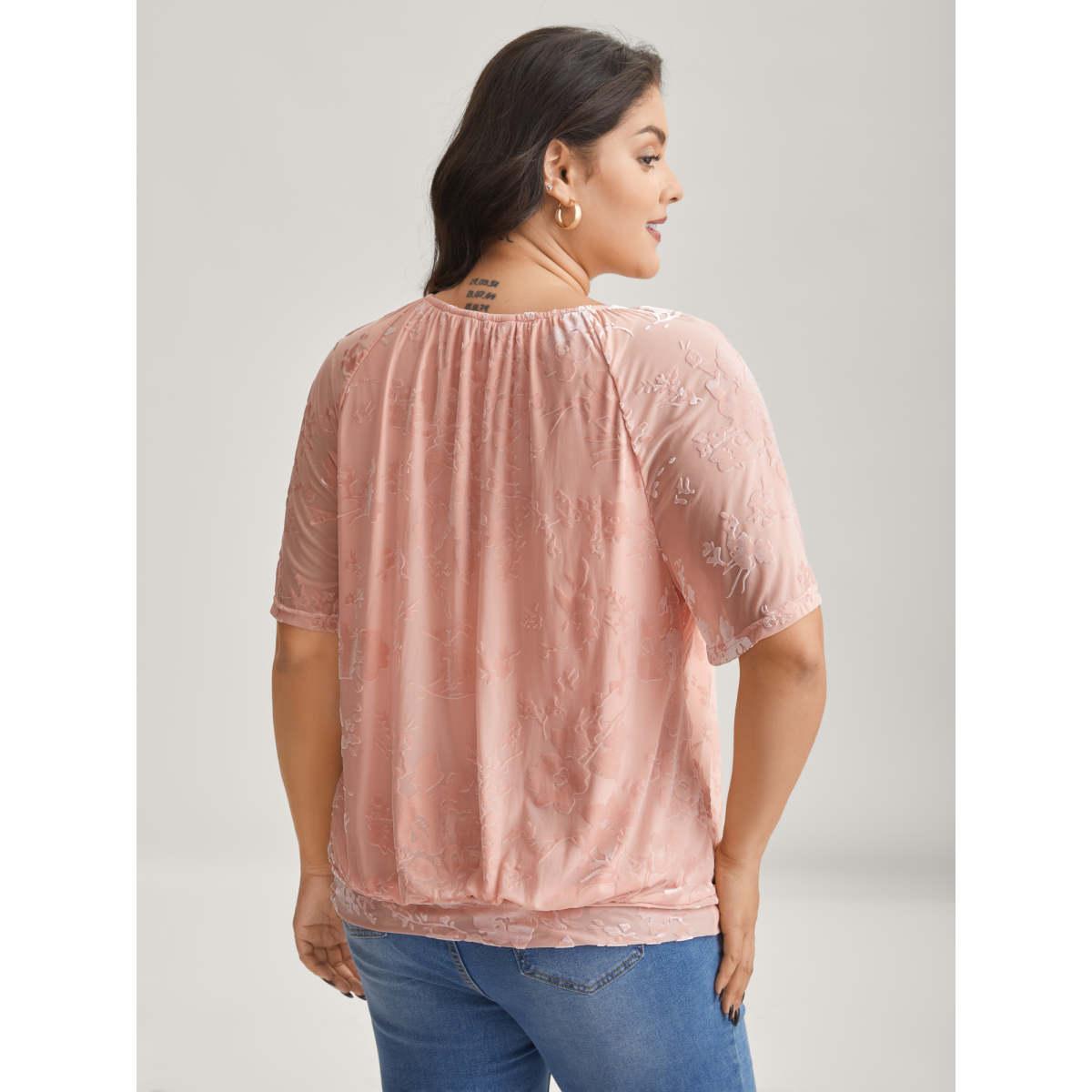 Plus Size Textured Stretchy Sheer Crew Neck T-Shirt Crepe Women Texture Round Neck Loose Everyday-Elegant T-shirts BloomChic 12/L Product Image