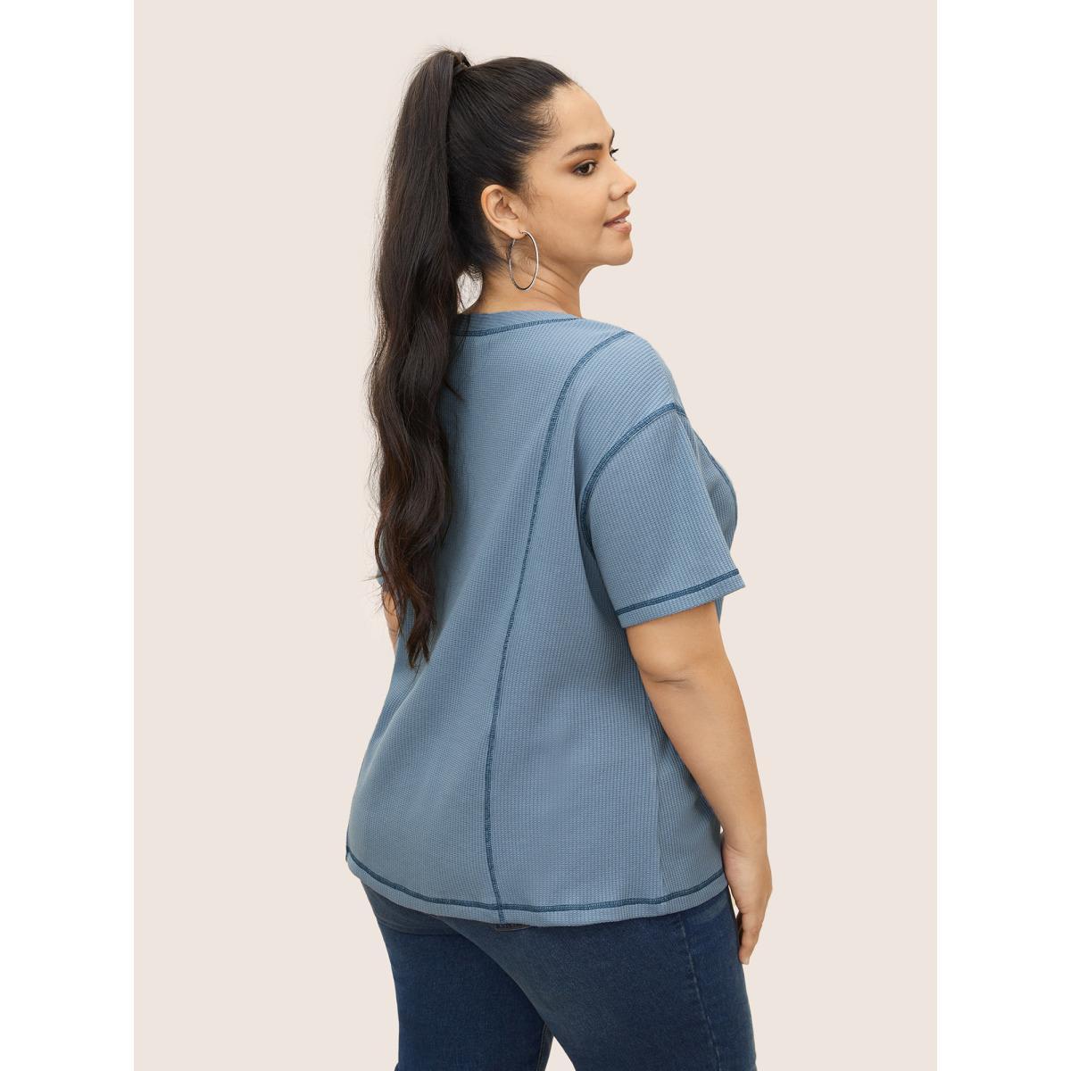Plus Size Waffle Knit Round Neck Button Up T-shirt Stone Women Casual Button Round Neck Everyday T-shirts BloomChic 14-16/1X Product Image