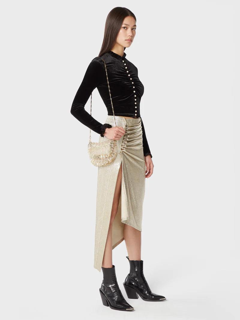 Gold mid-length drapé pression slit skirt Product Image