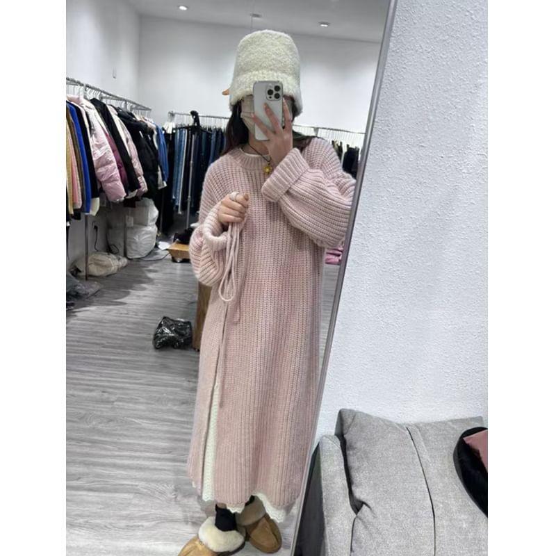 Round Neck Plain Slit Ribbed Midi Sweater Dress Product Image