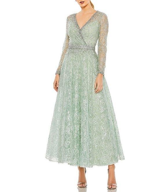Mac Duggal Beaded Surplice V-Neck Long Sleeve Dress Product Image
