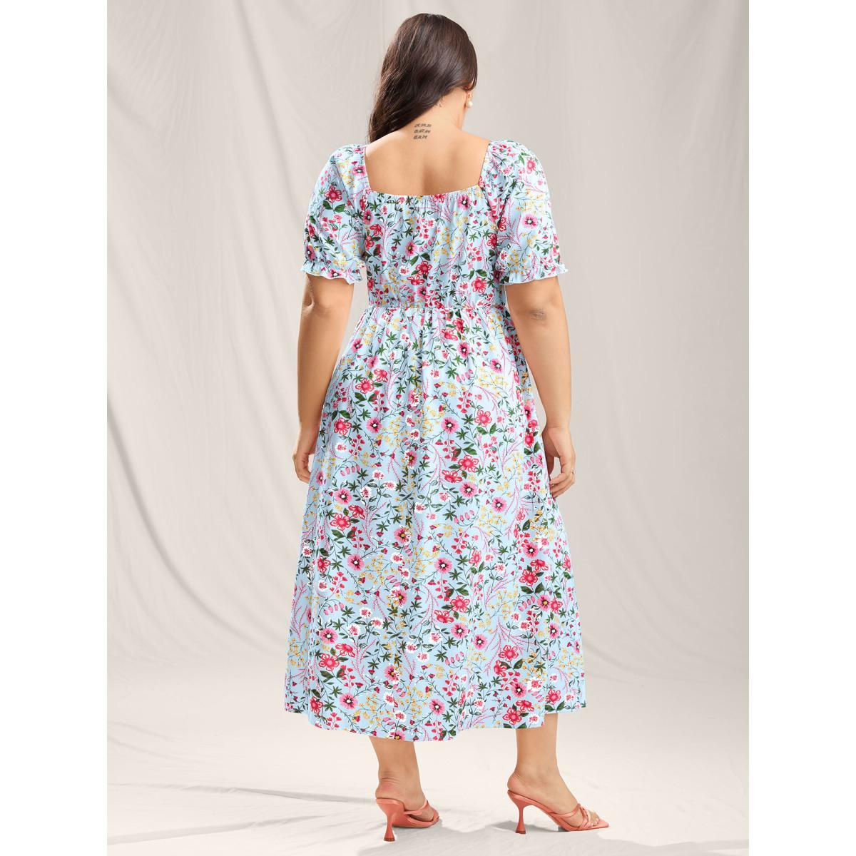 Plus Size Shirred Floral Print Pockets Maxi Dress LightBlue Women Square Neck Short sleeve Curvy BloomChic 10/M Product Image