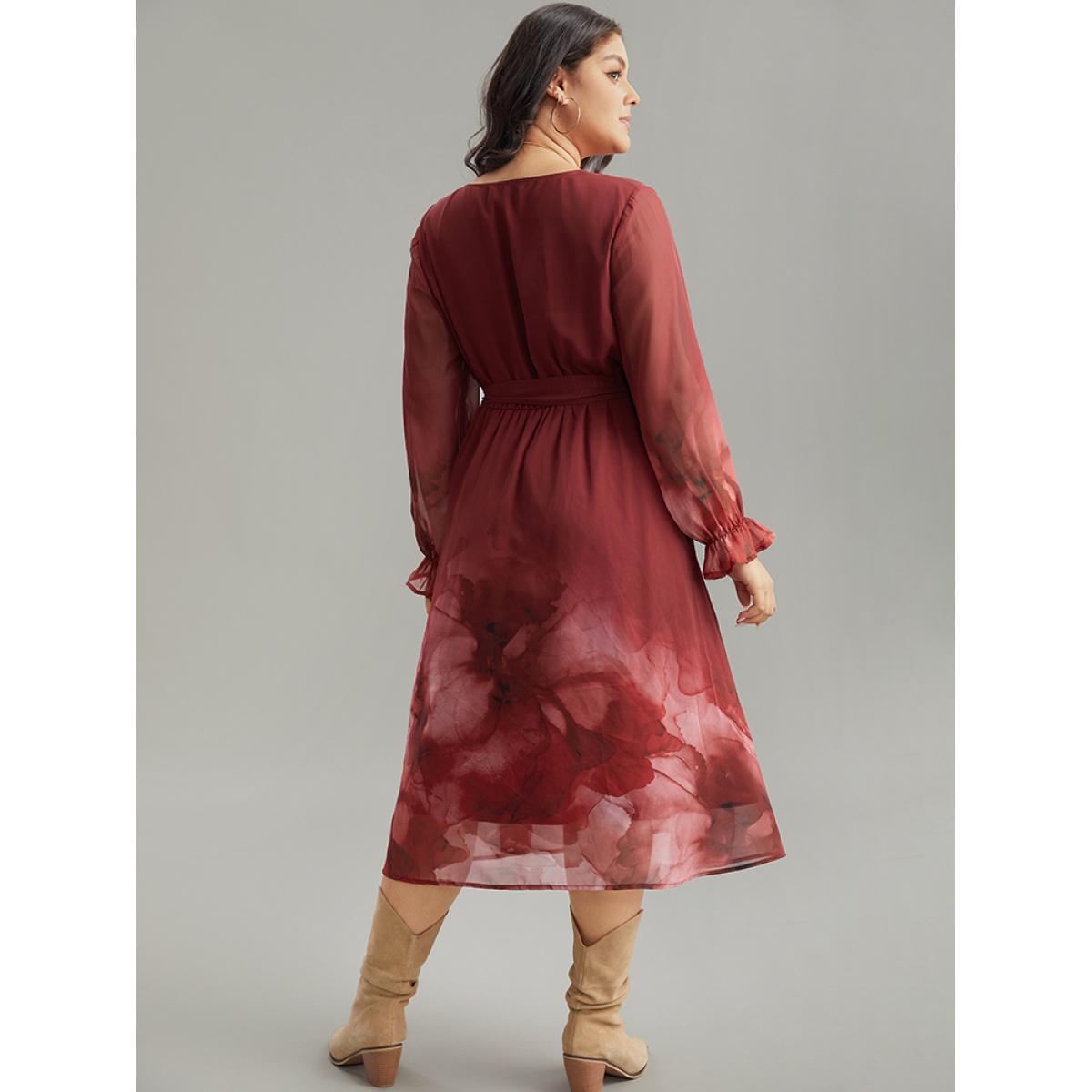 Plus Size Floral Mesh V Neck Belted Dress Scarlet Women Vacation Wrap Overlap Collar Long Sleeve Curvy Midi Dress BloomChic 26/4X Product Image