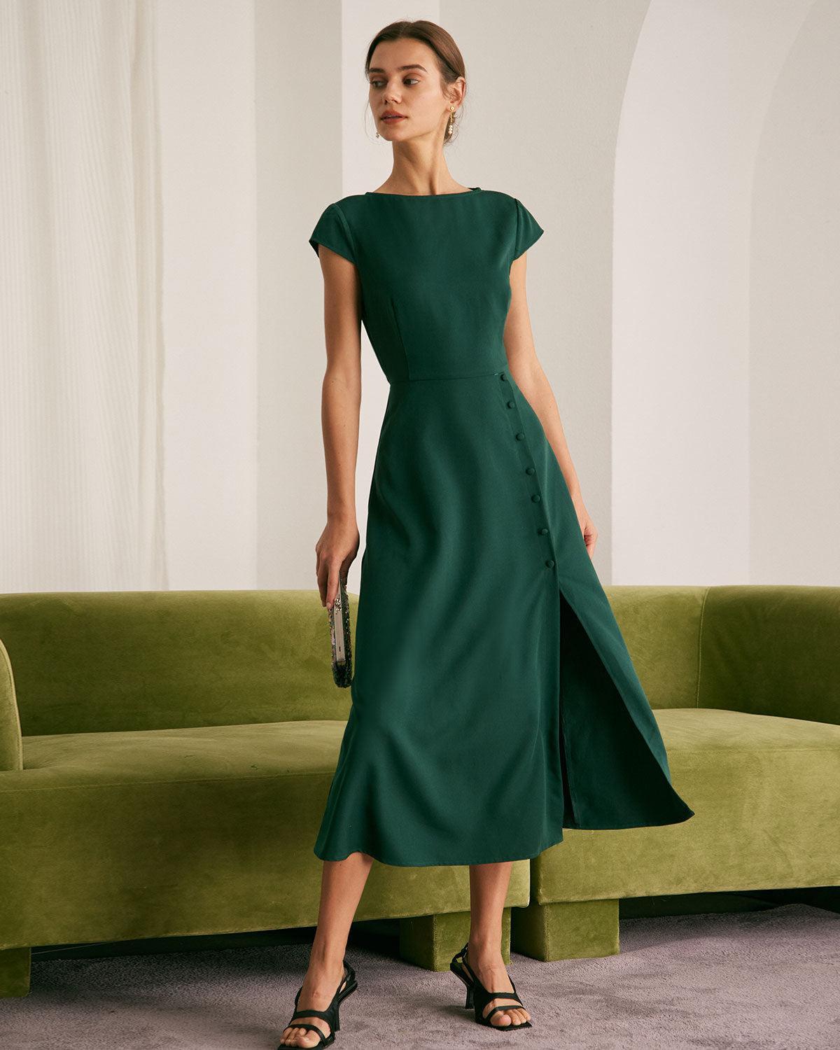 The Green Boat Neck Cutout Back Midi Dress Product Image