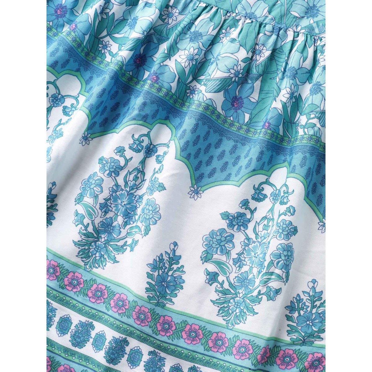 Plus Size Turquoise Boho Floral Print Color Contrast Blouse Women Elbow-length sleeve V-neck Vacation Blouses BloomChic 28/5X Product Image