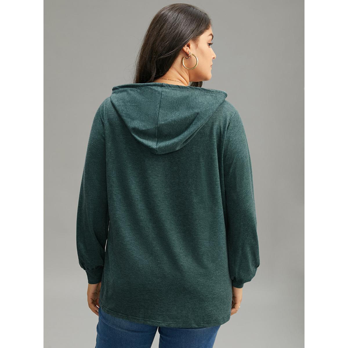 Plus Size Plain Drawstring Button Up Hooded Elastic Cuffs Sweatshirt Women Green Casual Elastic cuffs Hooded Dailywear Sweatshirts BloomChic 10/M Product Image
