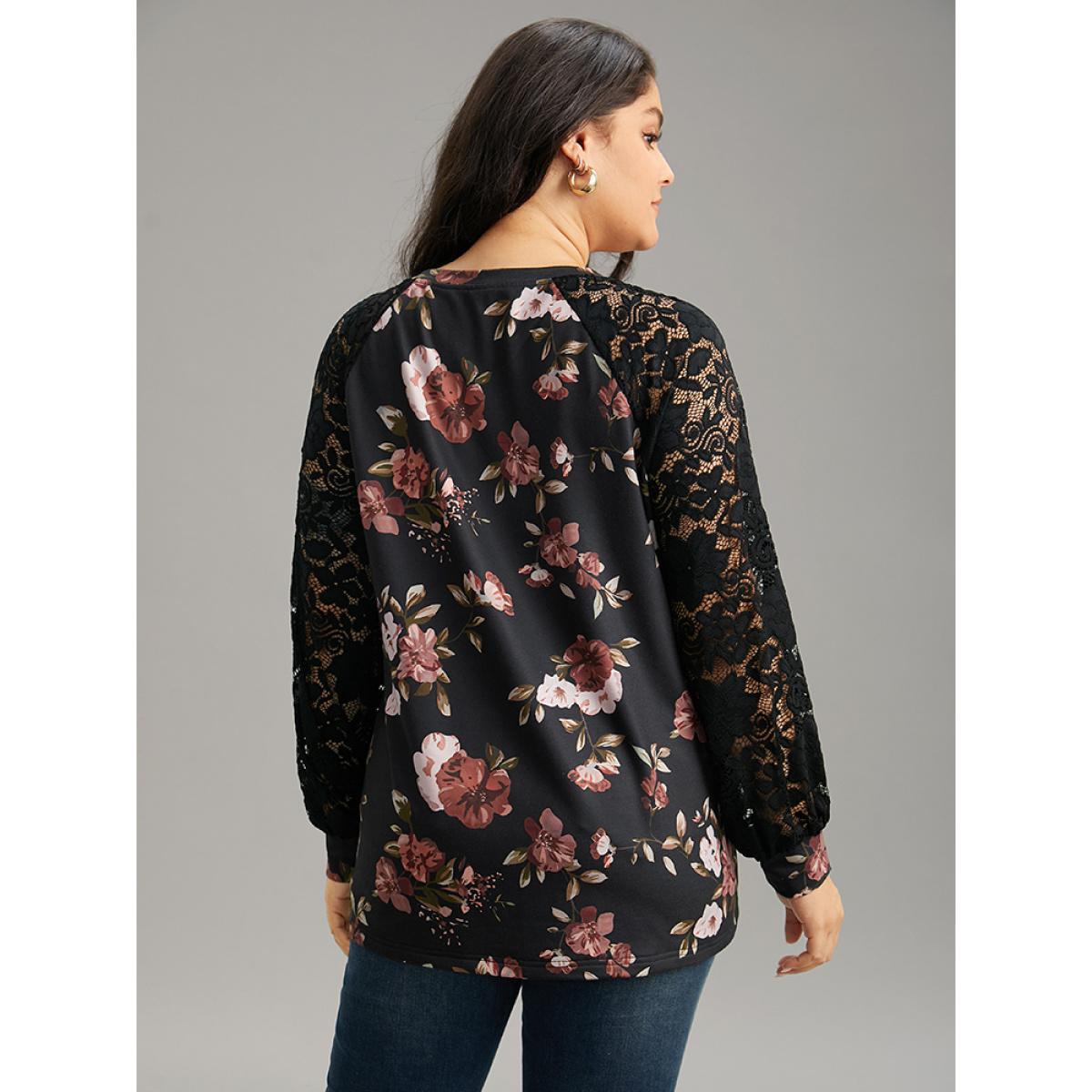 Plus Size Floral Lace Panel Raglan Sleeve Sweatshirt Women Black Elegant Printed Round Neck Dailywear Sweatshirts BloomChic 22-24/3X Product Image