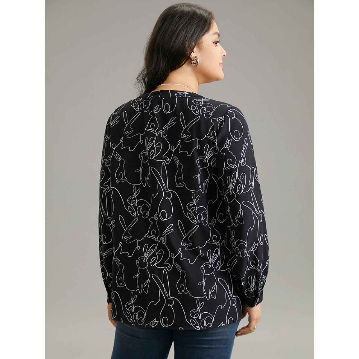 Plus Size Black Rabbits Line Knot Neck Tab Sleeve Blouse Women Office Long Sleeve Tie Neck Work Blouses BloomChic 22-24/3X Product Image