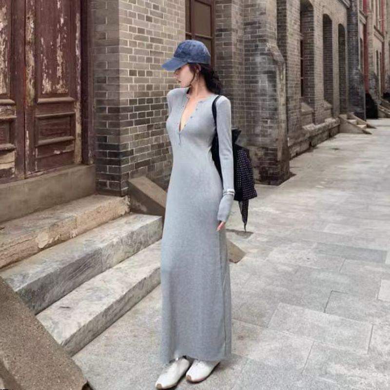 Long-Sleeve Henley Ribbed Midi A-Line Knit Dress Product Image