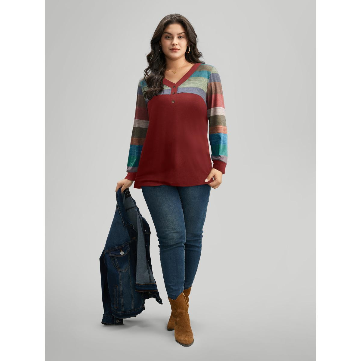 Plus Size Colorblock Contrast V Neck Button Up T-shirt Scarlet Women Casual Elastic cuffs Striped V-neck Everyday T-shirts BloomChic 30/6X Product Image