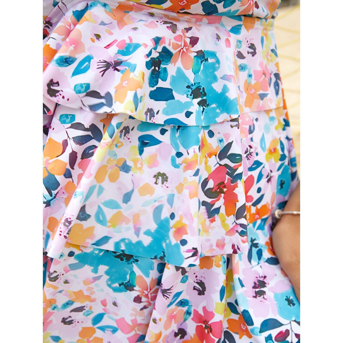 Plus Size Ruched Flutter Tiered A Line Knotted Tankini Top Women's Swimwear Multicolor Vacation Adjustable Straps High stretch Bodycon V-neck Curve Swim Tops BloomChic 18-20/2X Product Image