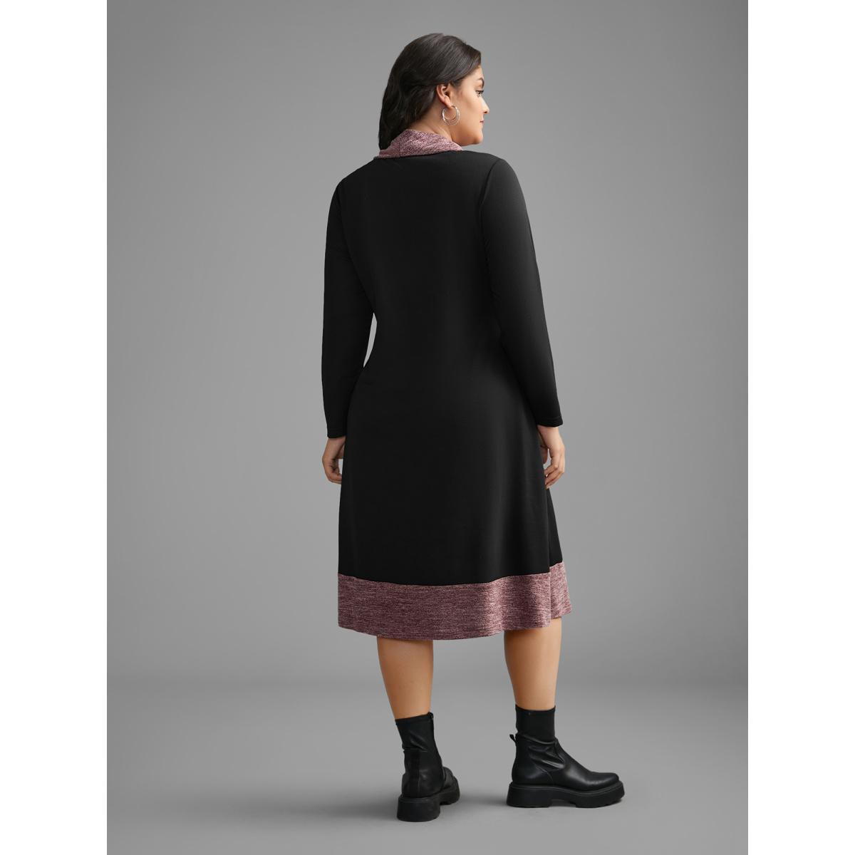 Plus Size Heather Patchwork Turtleneck Midi Dress Black Women Casual Contrast Ruffled collar Long Sleeve Curvy BloomChic 22-24/3X Product Image