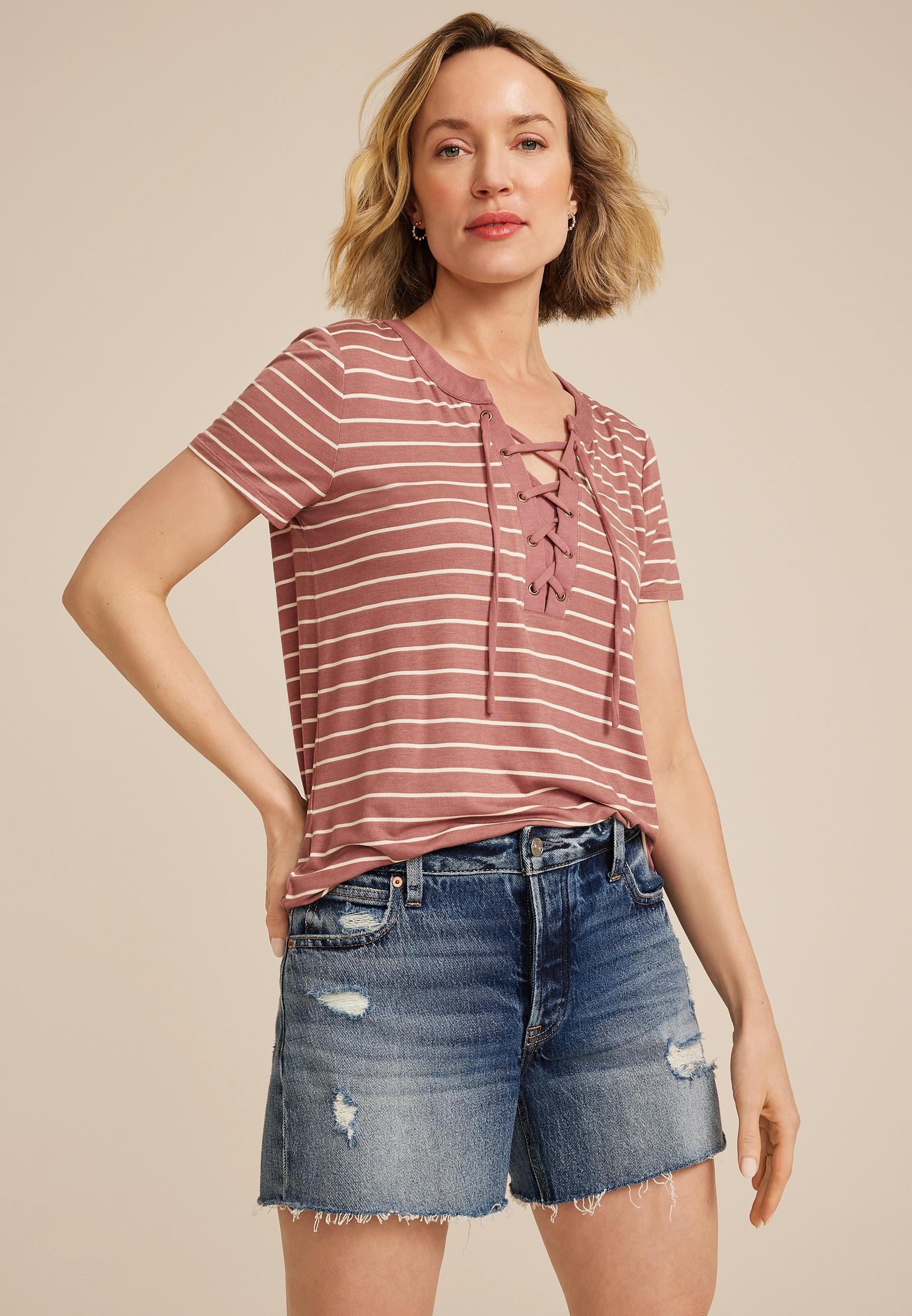 Striped Lattice Front Short Sleeve Tee Product Image