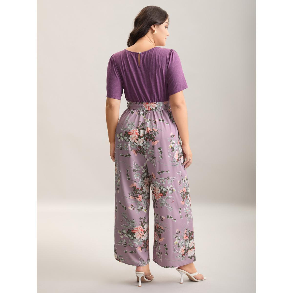 Plus Size Lilac Color Contrast Belted Panel Pockets Jumpsuit Women Elegant Short sleeve Square Neck Everyday-Elegant Loose Jumpsuits BloomChic 18-20/2X Product Image