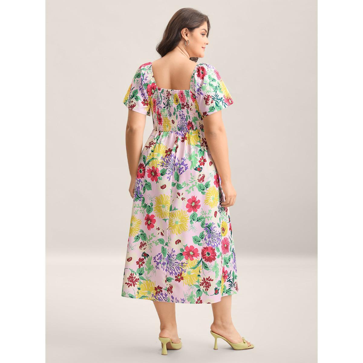 Plus Size Floral Shirred Square Neck Pocket Midi Dress Lightpink Women Elegant Non Square Neck Short sleeve Curvy Midi Dress BloomChic 10/M Product Image