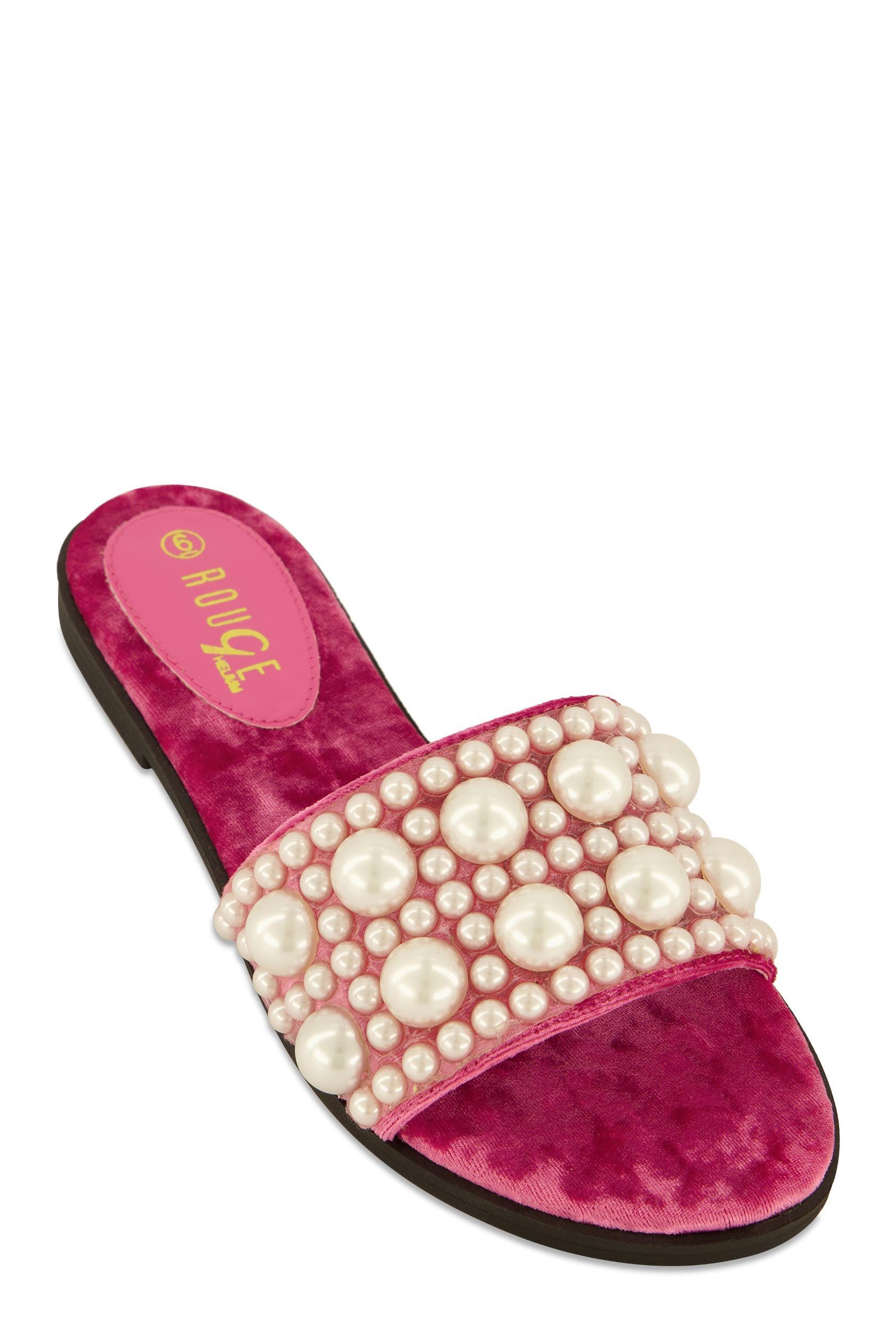 Womens Velvet Faux Pearl Band Slide Sandals Product Image