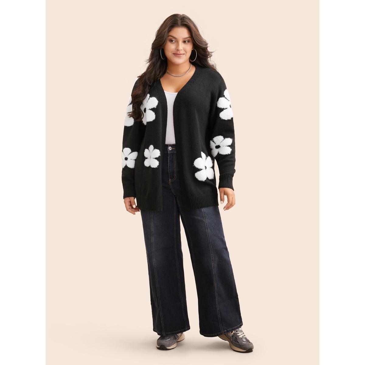 Plus Size Floral Jacquard Drop Shoulder Sleeve Cardigan Black Women Casual Loose Long Sleeve Everyday Cardigans BloomChic 30/6X Product Image