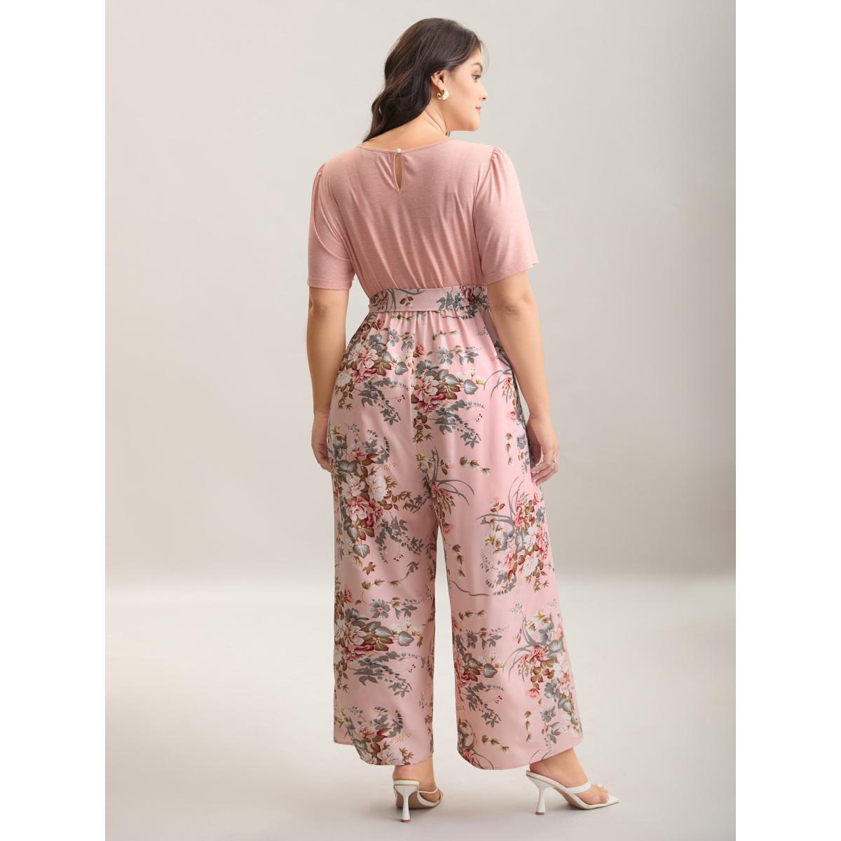 Plus Size Lightpink Color Contrast Belted Panel Pockets Jumpsuit Women Elegant Short sleeve Square Neck Everyday-Elegant Loose Jumpsuits BloomChic 14-16/1X Product Image