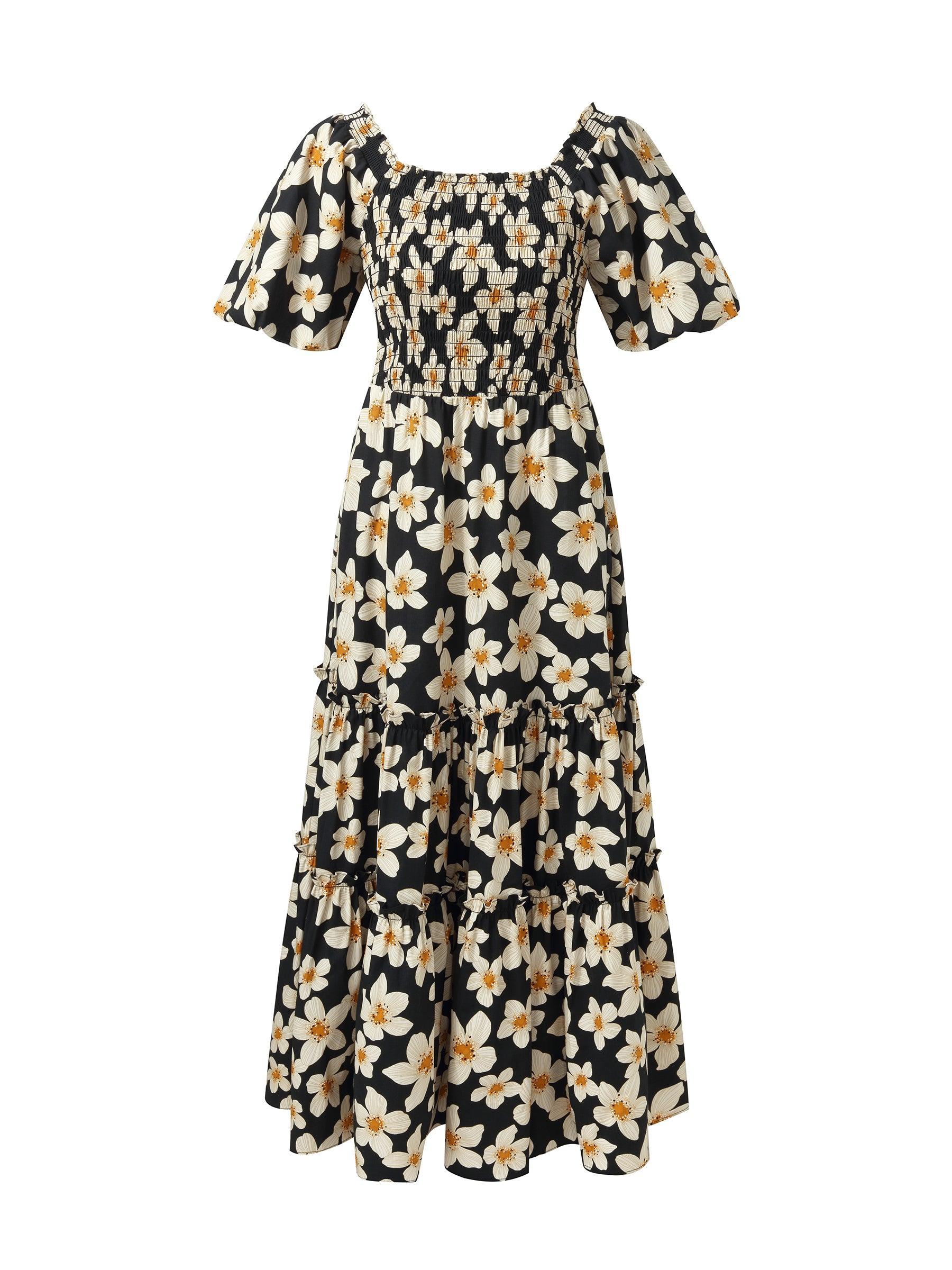 Cotton Stretch Floral Print Women Smocked Maxi Dress Product Image
