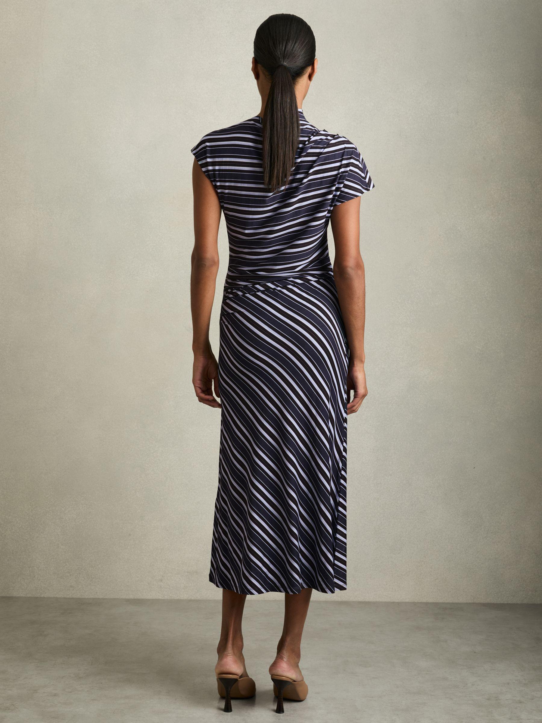 Stripe-Print Draped Midi Dress in Blue Product Image