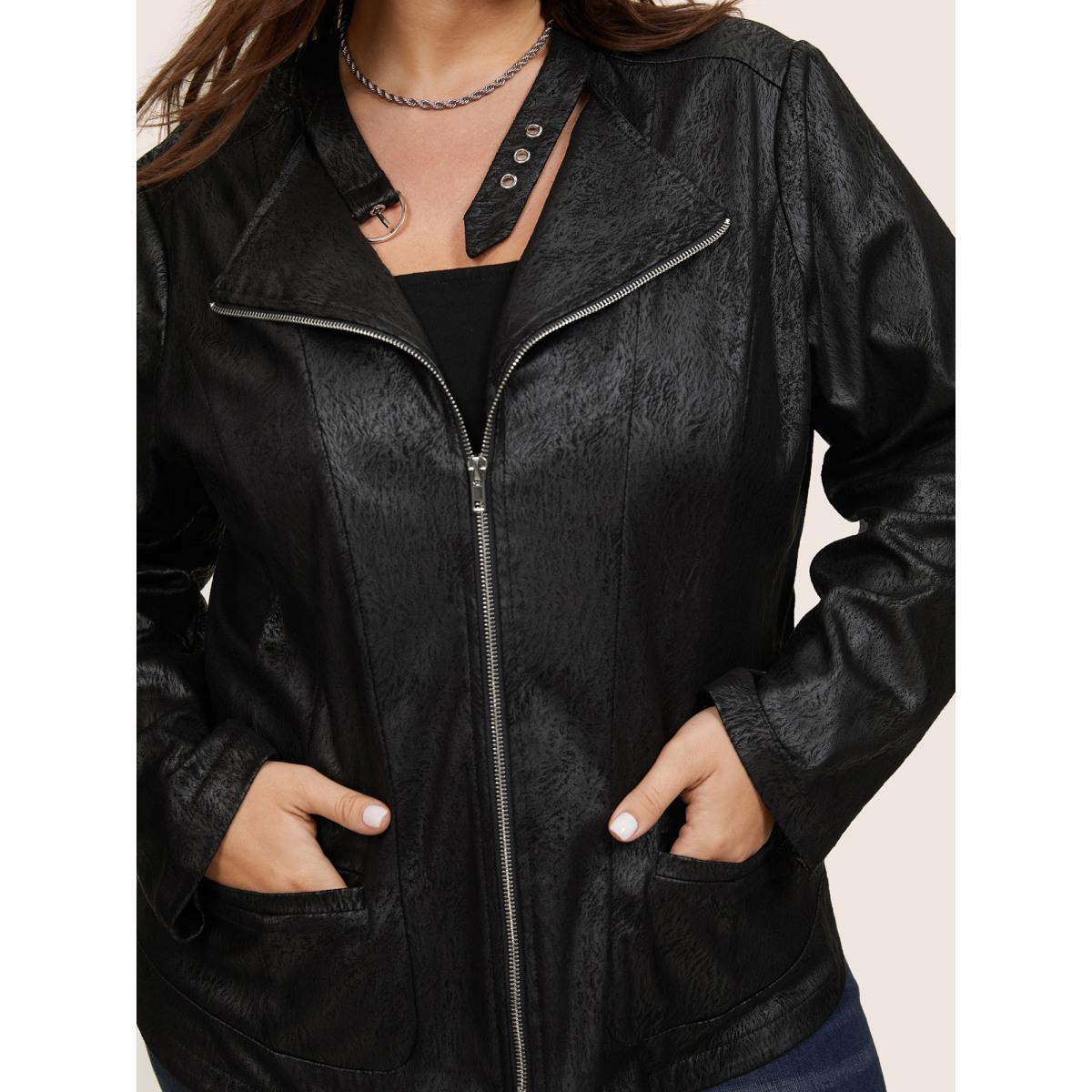 Plus Size PU Leather Print Faux Suede Buckle Detail Jacket Women Black Texture Pocket Everyday Jackets BloomChic 26/4X Product Image