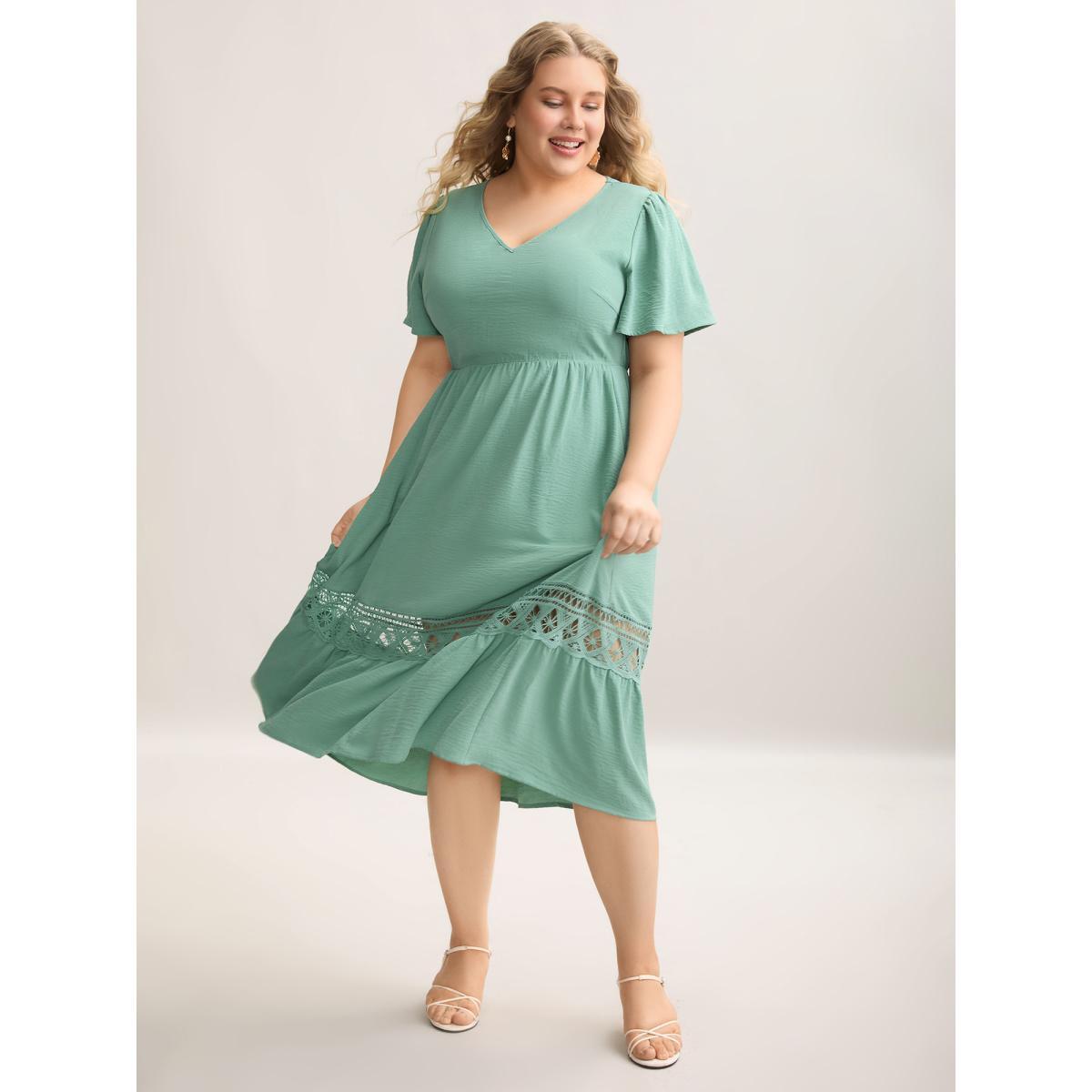Plus Size Lace Cut-Out Lotus Leaf Sleeve Midi Dress Greenbean Women Elegant Woven ribbon&lace trim V-neck Sleeveless Curvy BloomChic 10/M Product Image