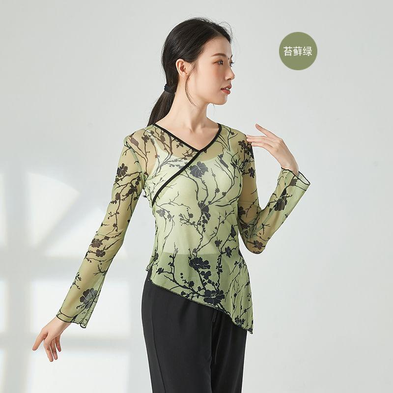 Long-Sleeve Floral Asymmetrical Dance Top Product Image