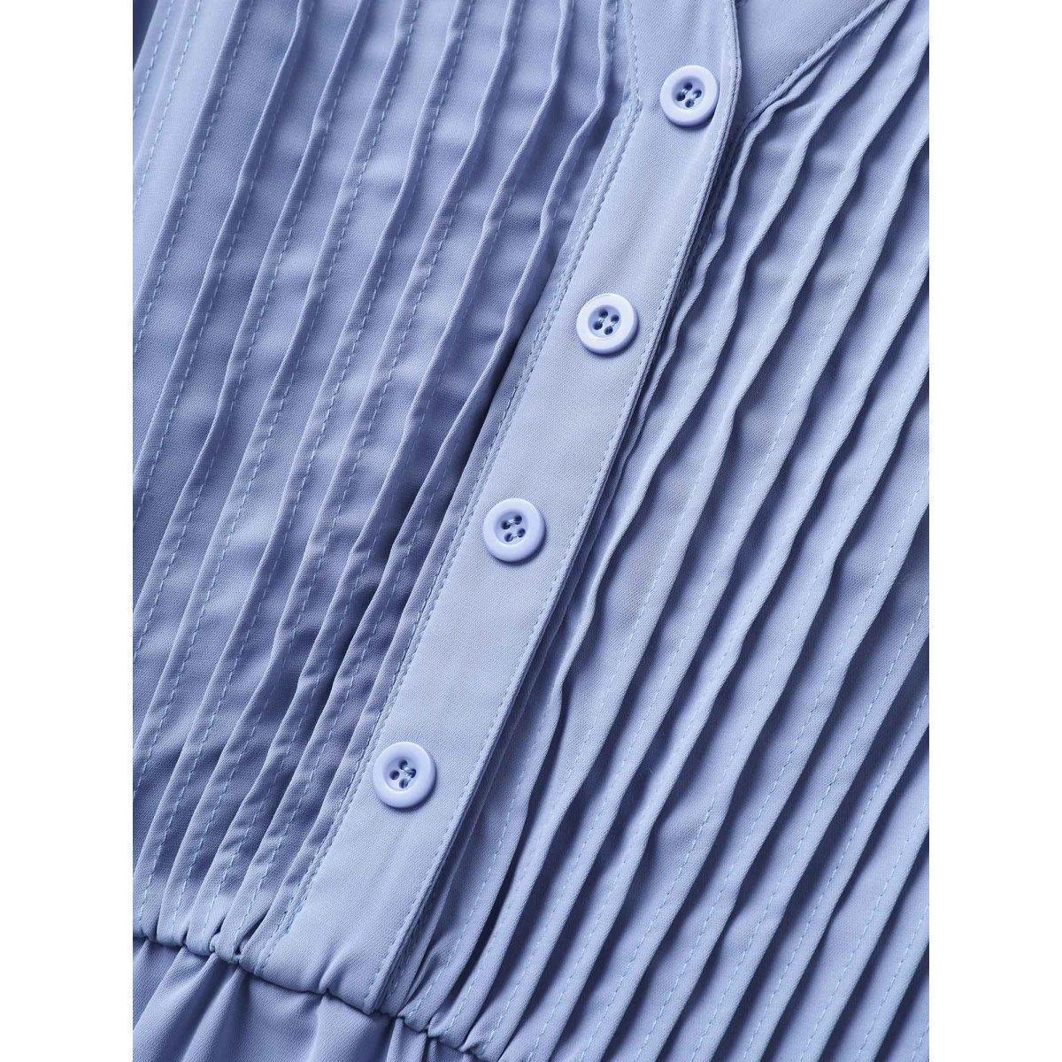 Plus Size Plain Pleated Button Detail Cap Sleeve Dress Stone Women At the Office Tucked seam Flat collar with V-notch Cap Sleeve Curvy BloomChic 10/M Product Image