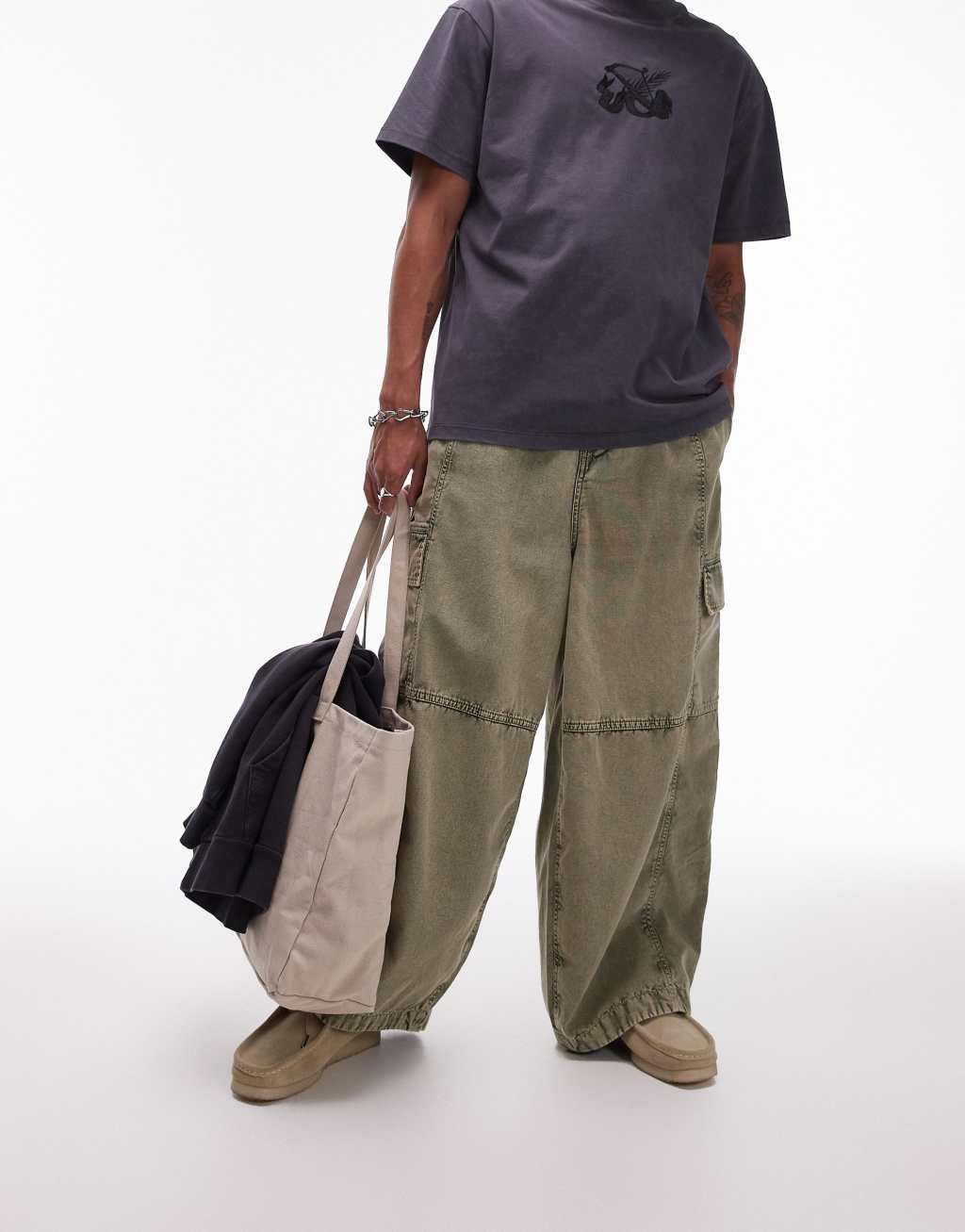 Topman wide leg washed cargo pants in khaki Product Image