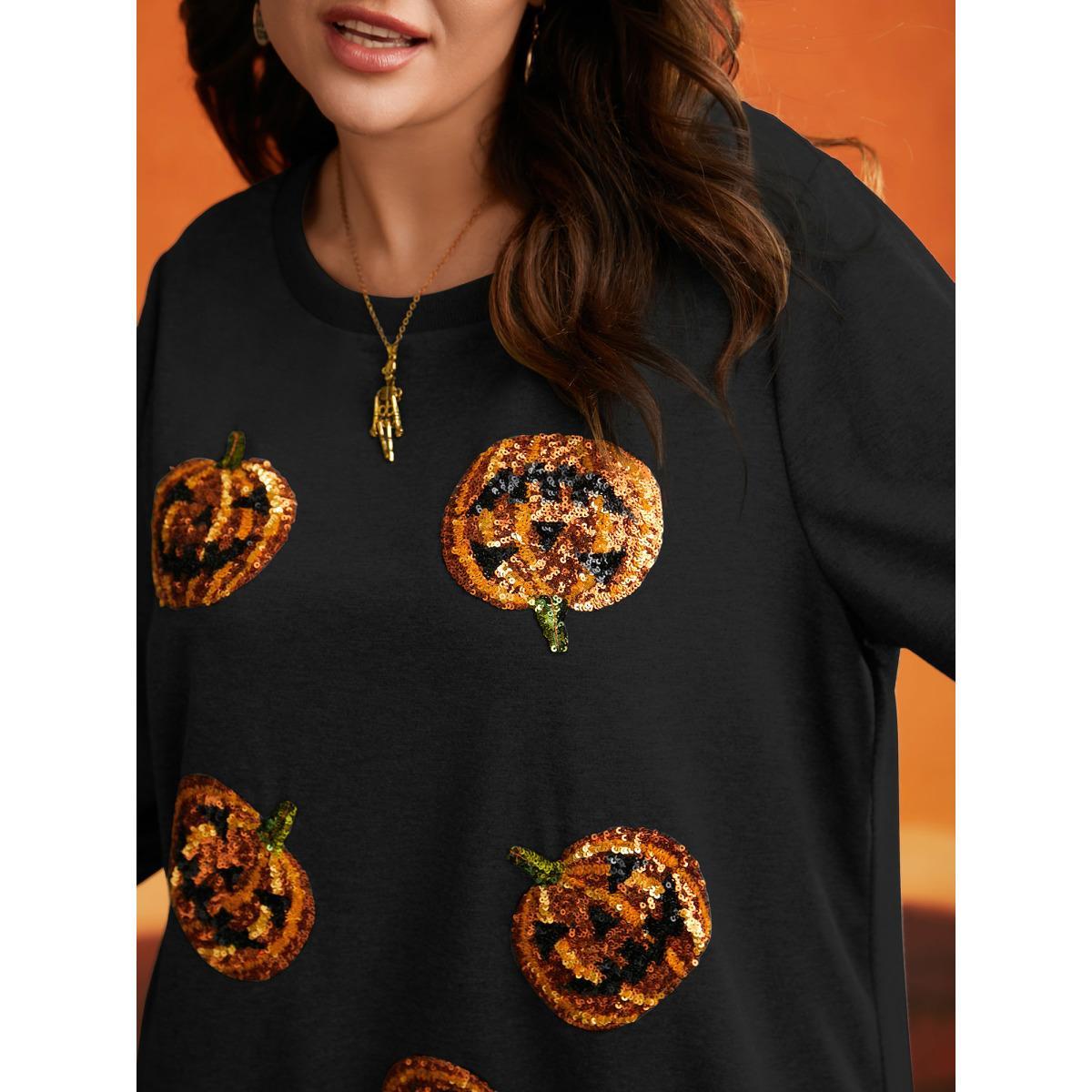 Plus Size Jack-O-Lantern Sequin Sweatshirt Women Black Casual Contrast Loose Round Neck Everyday Sweatshirts BloomChic 26/4X Product Image