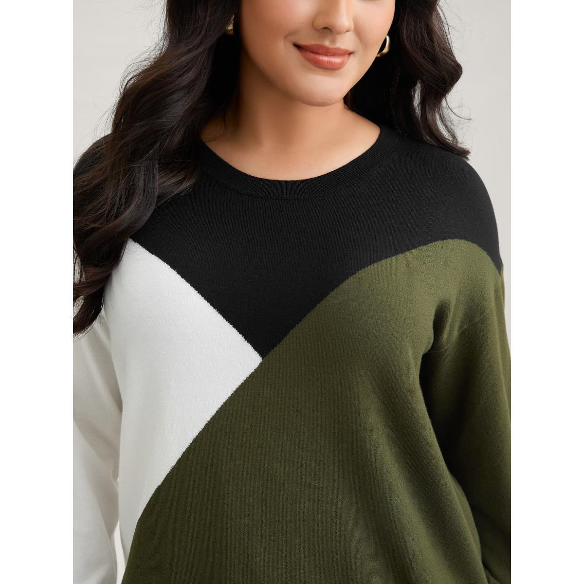 Plus Size Supersoft Essentials Colorblock Contrast Pullover ArmyGreen Women Casual Long Sleeve Round Neck Everyday Pullovers BloomChic 10/M Product Image