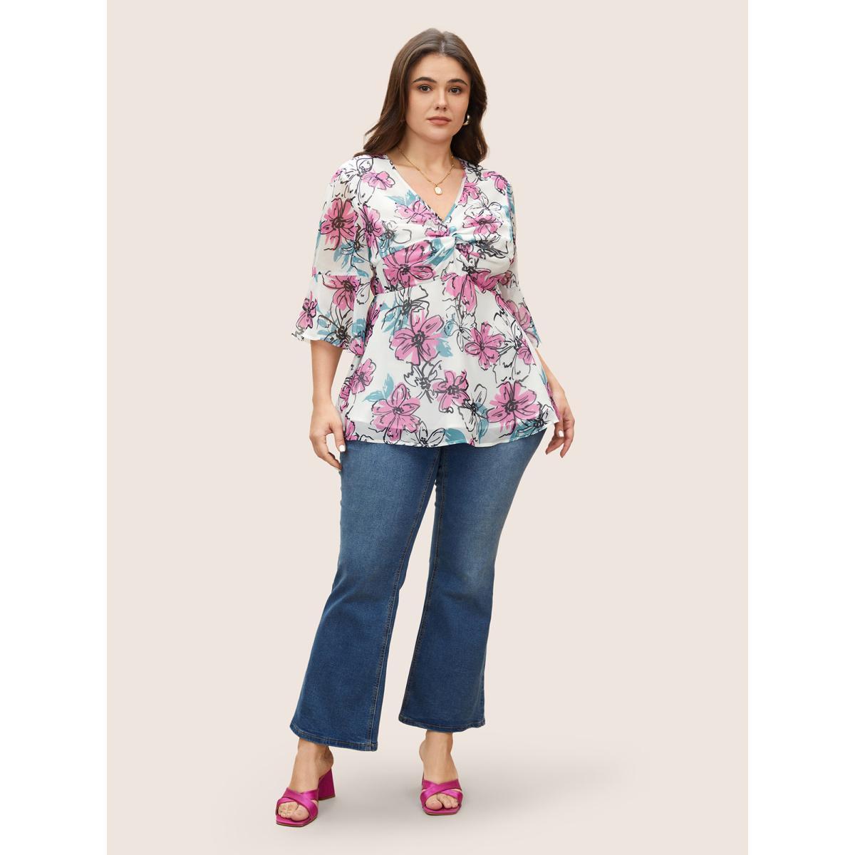 Plus Size Ivory Floral Twist Ruffles See Through Blouse Women Elegant Elbow-length sleeve V-neck Everyday Blouses BloomChic 30/6X Product Image