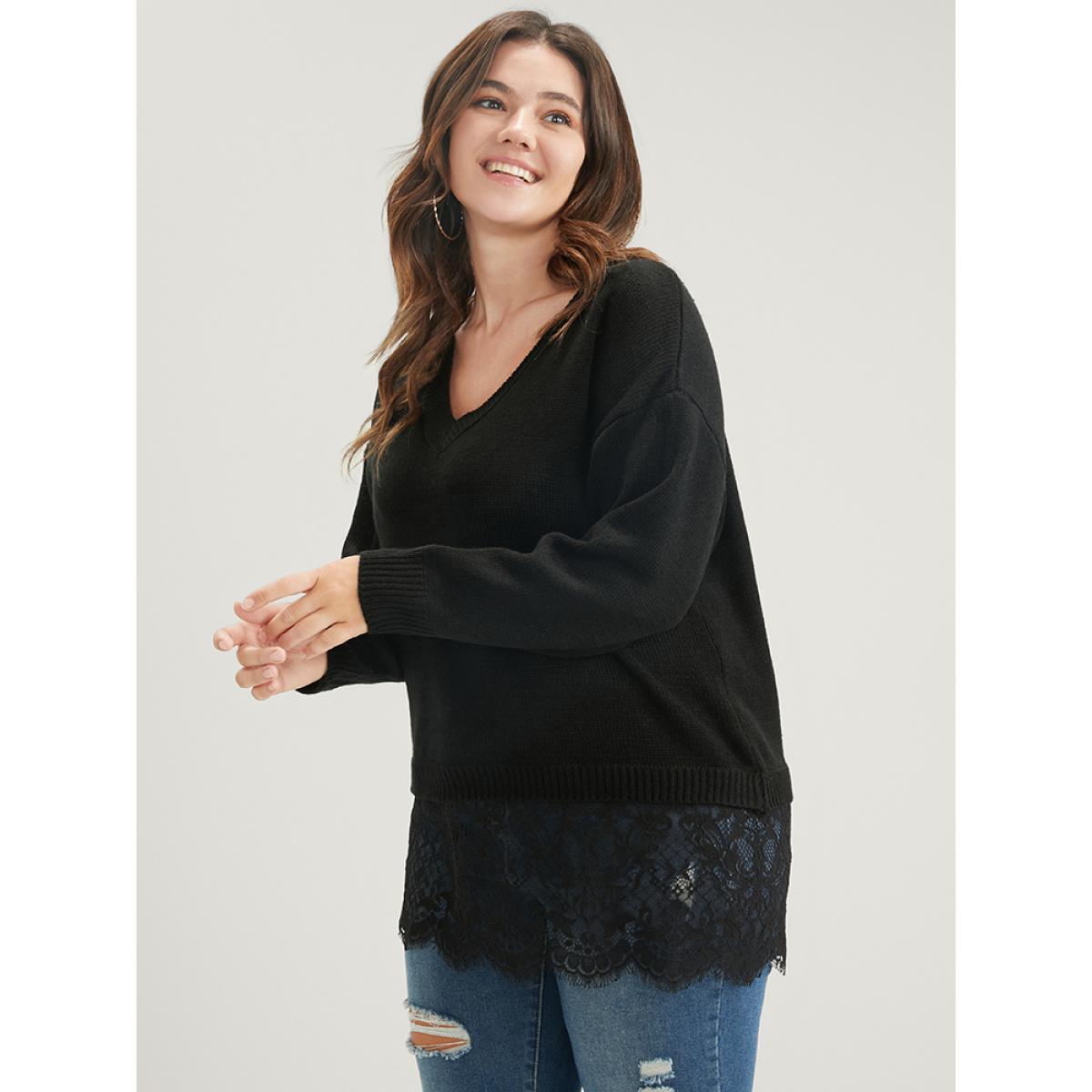 Plus Size Solid Pointelle Knit V Neck Lace Hem Knit Top Black Women Casual Long Sleeve V-neck Dailywear Pullovers BloomChic 12/L Product Image