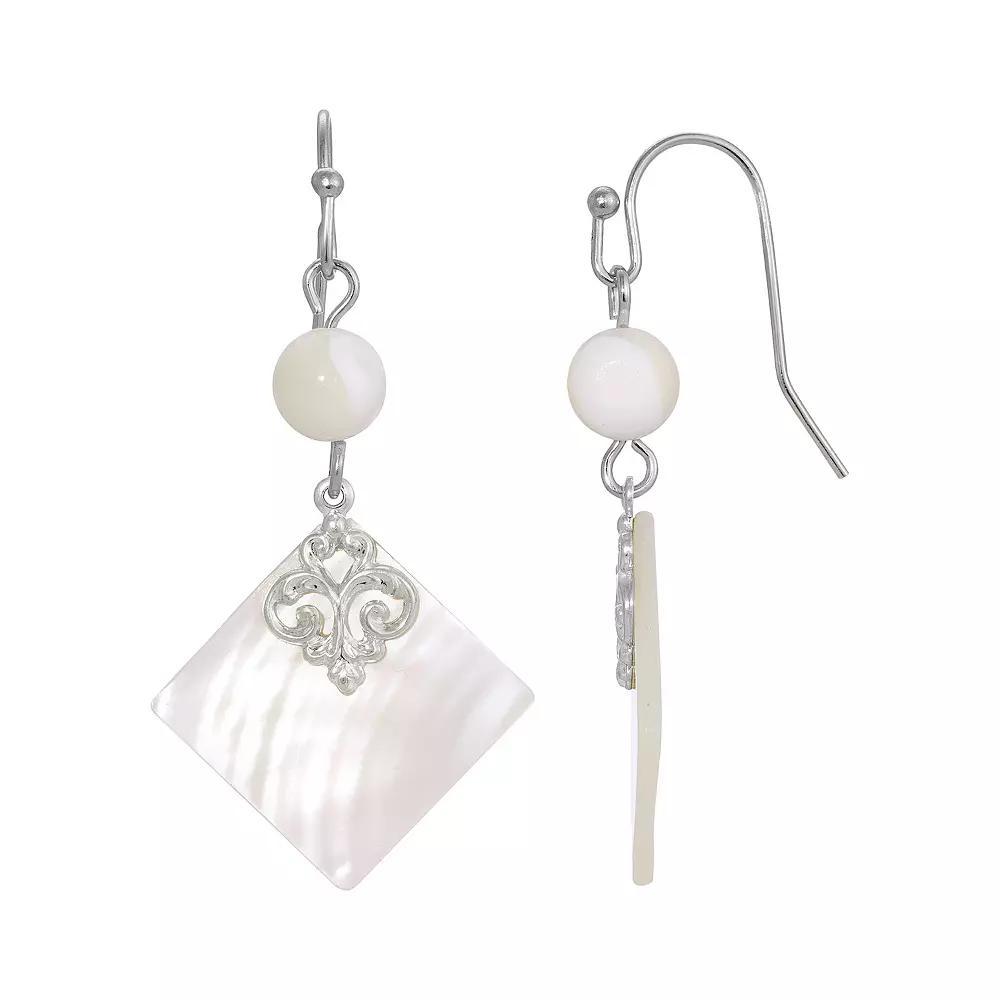 1928 Silver Tone Simulated Mother Of Pearl Shell Stone And Bead Drop Earrings, Womens, White Product Image