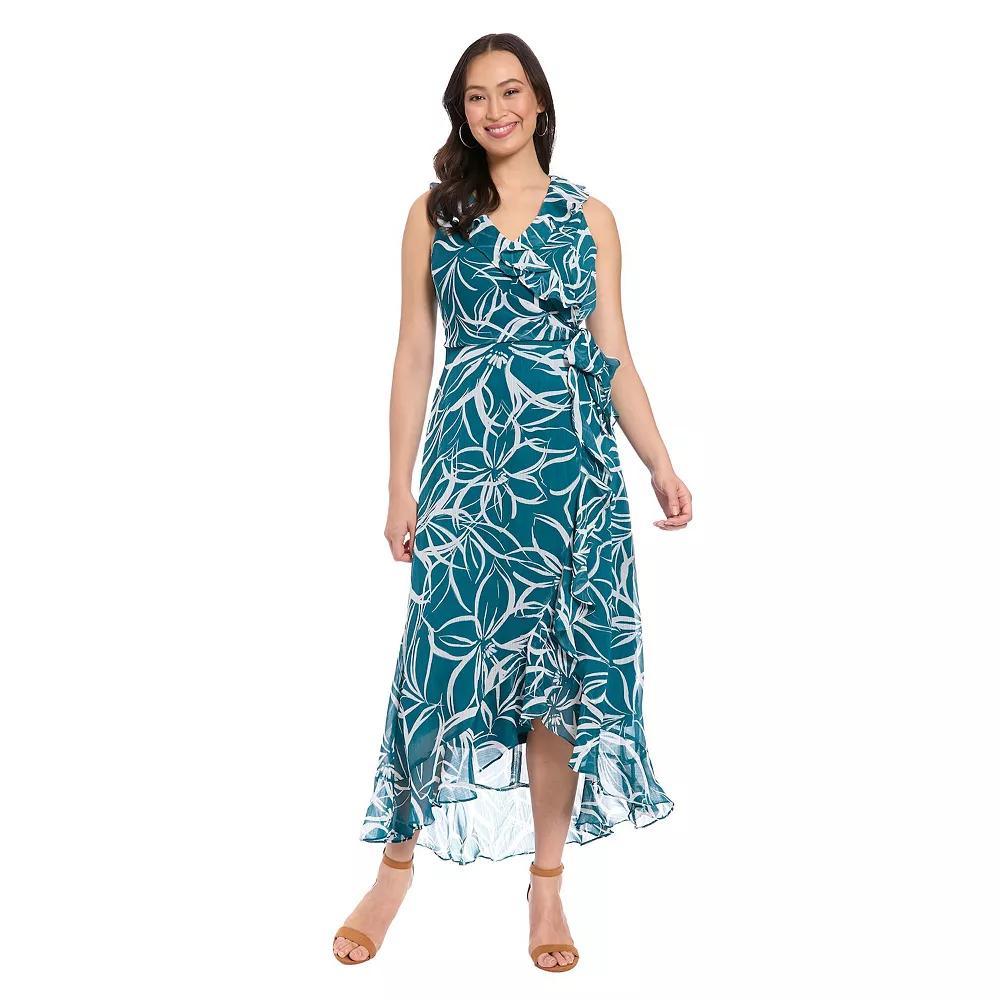 Women's London Times Ruffled Chiffon Maxi Dress, Size: 12, Teal White Product Image
