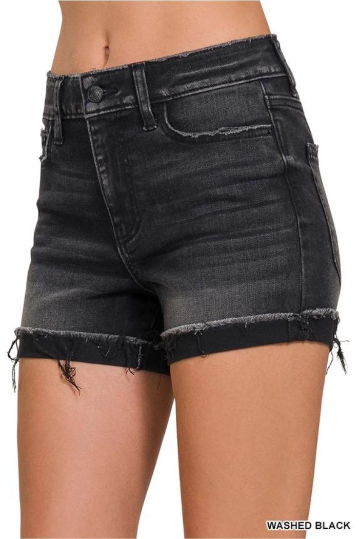 Washed Black Cuffed Raw Hem Denim Shorts Product Image