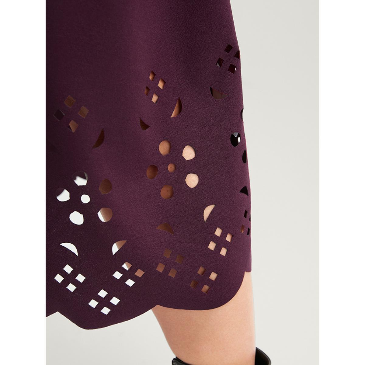Plus Size Solid Round Neck Laser Cut Pocket Midi Dress Eggplant Women Elegant Elastic Waist Round Neck Long Sleeve Curvy Midi Dress BloomChic 30/6X Product Image