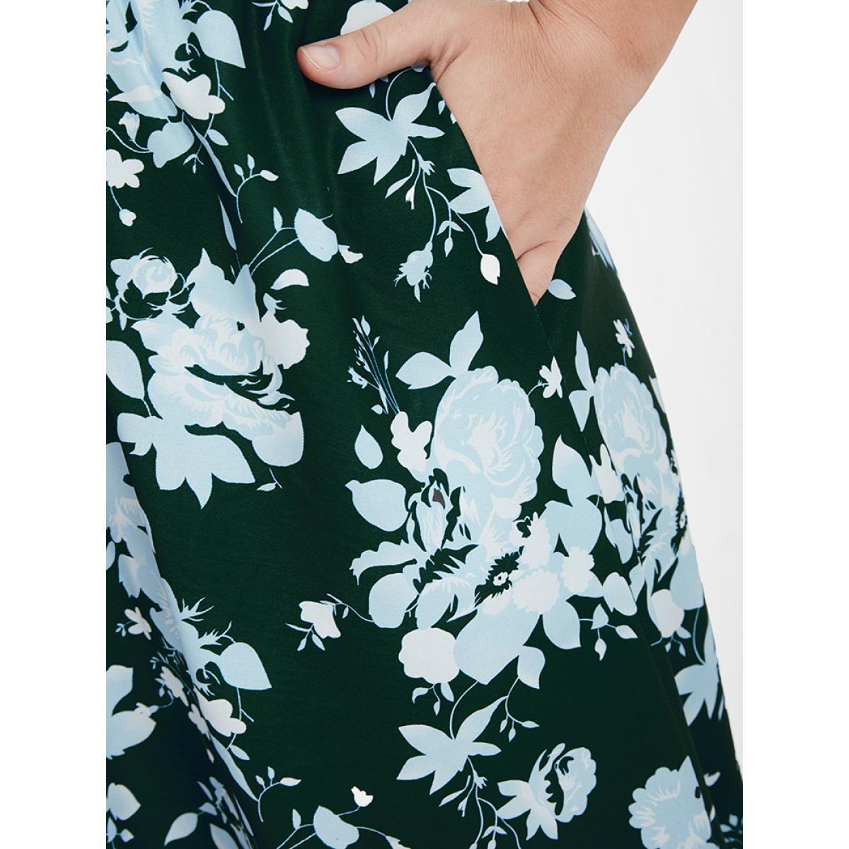 Plus Size Floral Patchwork Zipper Asymmetrical Hem Pocket Midi Dress DarkGreen Women Elegant Patchwork V-neck Short sleeve Curvy Midi Dress BloomChic 14-16/1X Product Image