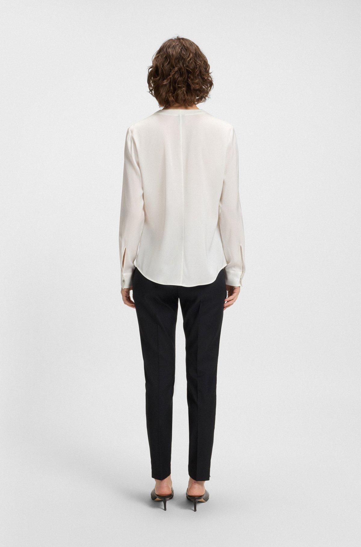 BOSS - Ruched-neck blouse in stretch-silk crepe de Chine - White Product Image