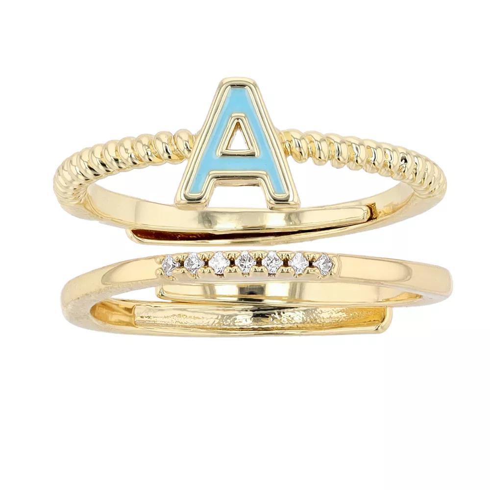 City Luxe Enamel Initial Ring & Cubic Zirconia Pave Ring Duo Set, Women's, Gold Tone A Product Image