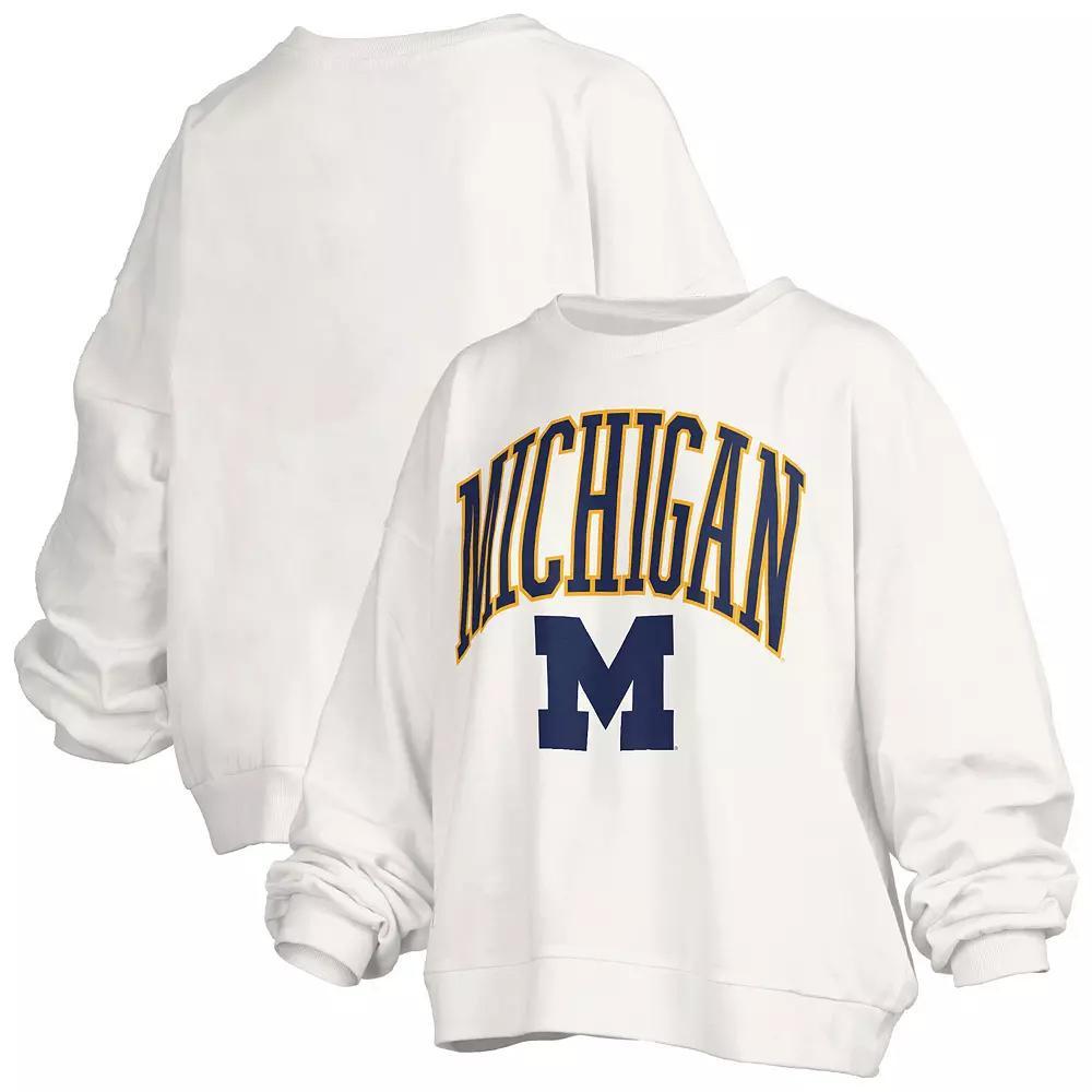 Women's Pressbox White Michigan Wolverines Janise Arch Over Logo Waist Length Oversized Pullover Sweatshirt, Size: Medium Product Image