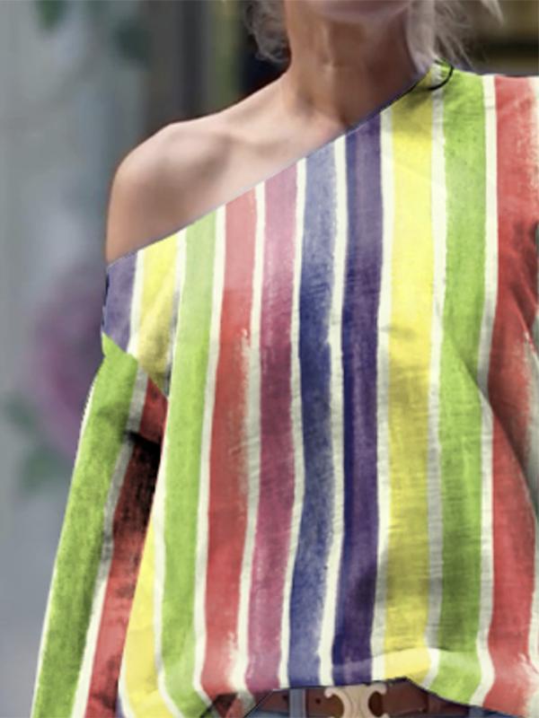 Long Sleeves Loose Contrast Color Striped One-Shoulder T-Shirts Tops Product Image