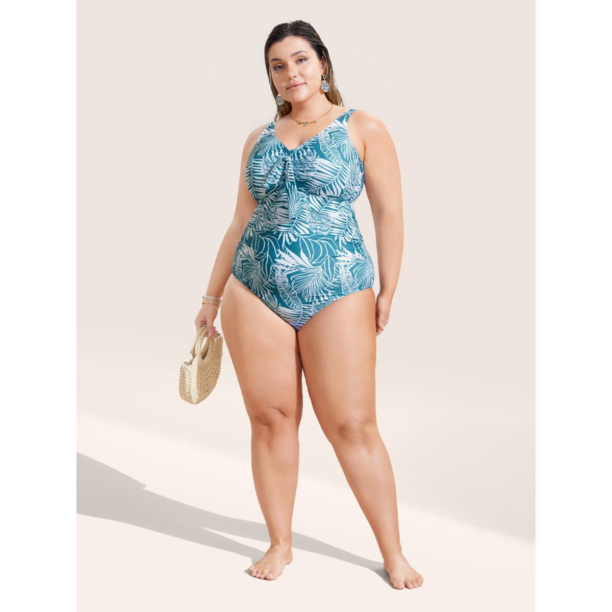 Plus Size Tropical Print Knotted Gathered One Piece Swimsuit Women's Swimwear Cerulean Beach Gathered Curve Bathing Suits High stretch One Pieces BloomChic 26/4X Product Image