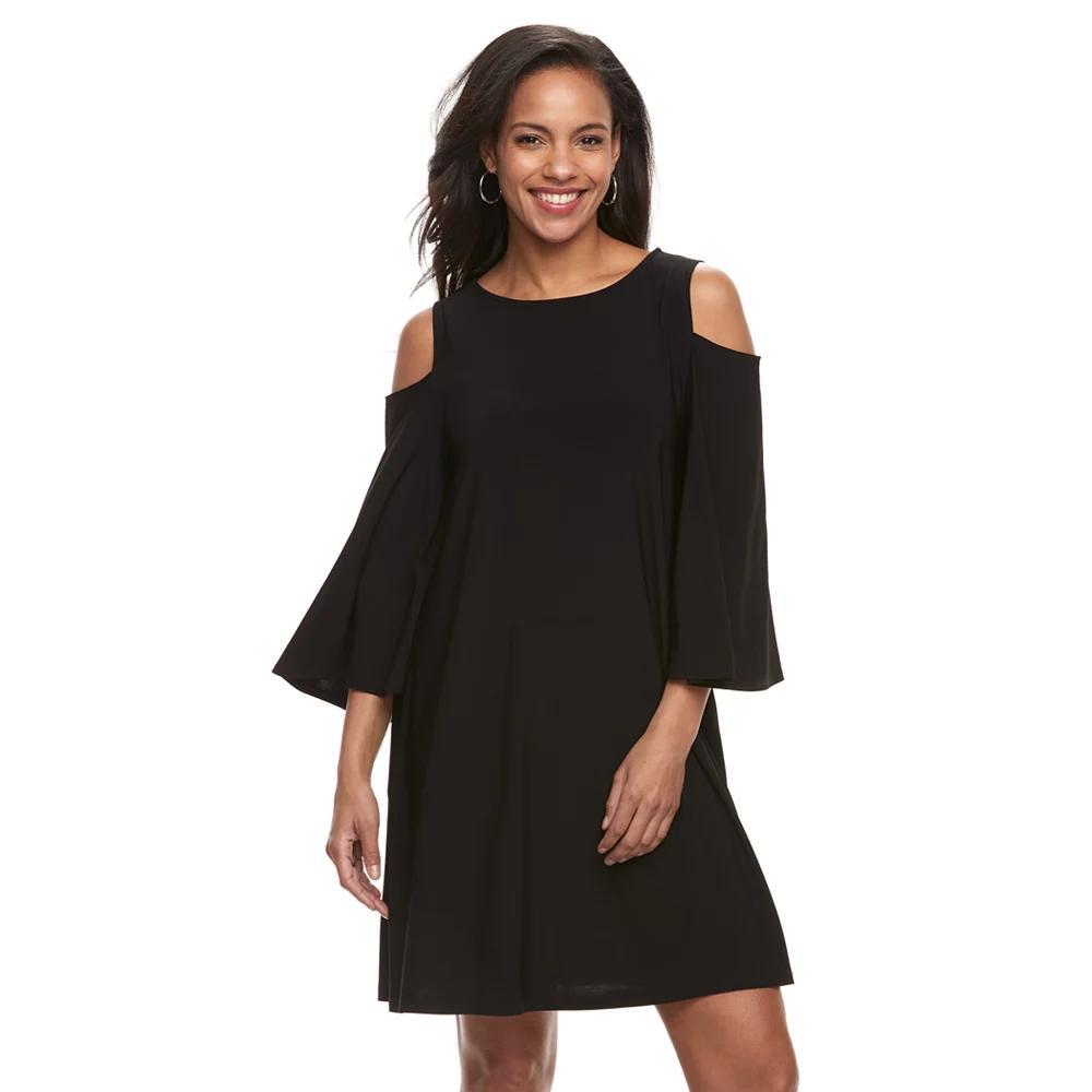 Women's Nina Leonard Draped Sleeve Cold-Shoulder Dress, Size: Large, Black Product Image