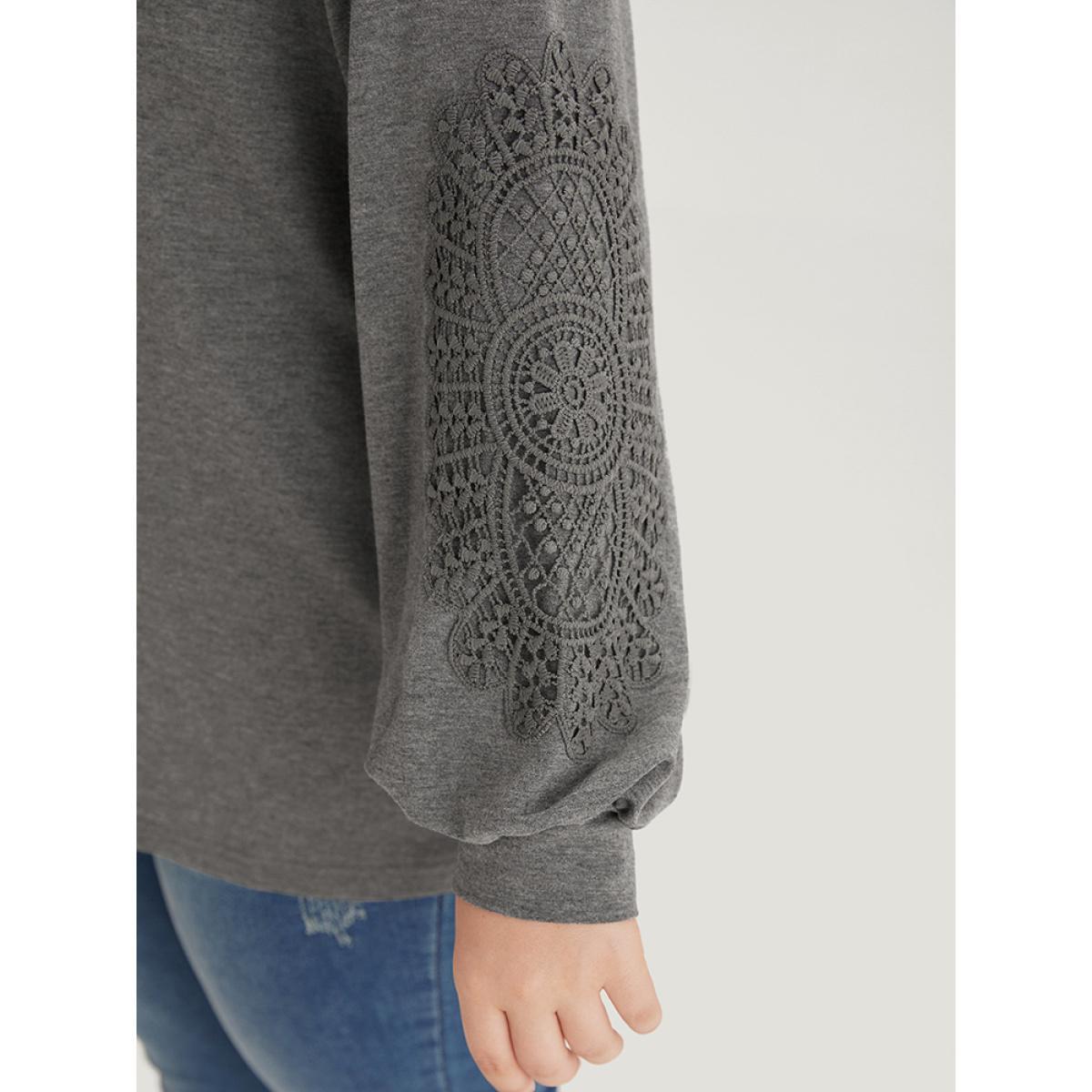 Plus Size Plain Guipure Lace V Neck Raglan Sleeve Sweatshirt Women Gray Elegant Plain V-neck Dailywear Sweatshirts BloomChic 18-20/2X Product Image