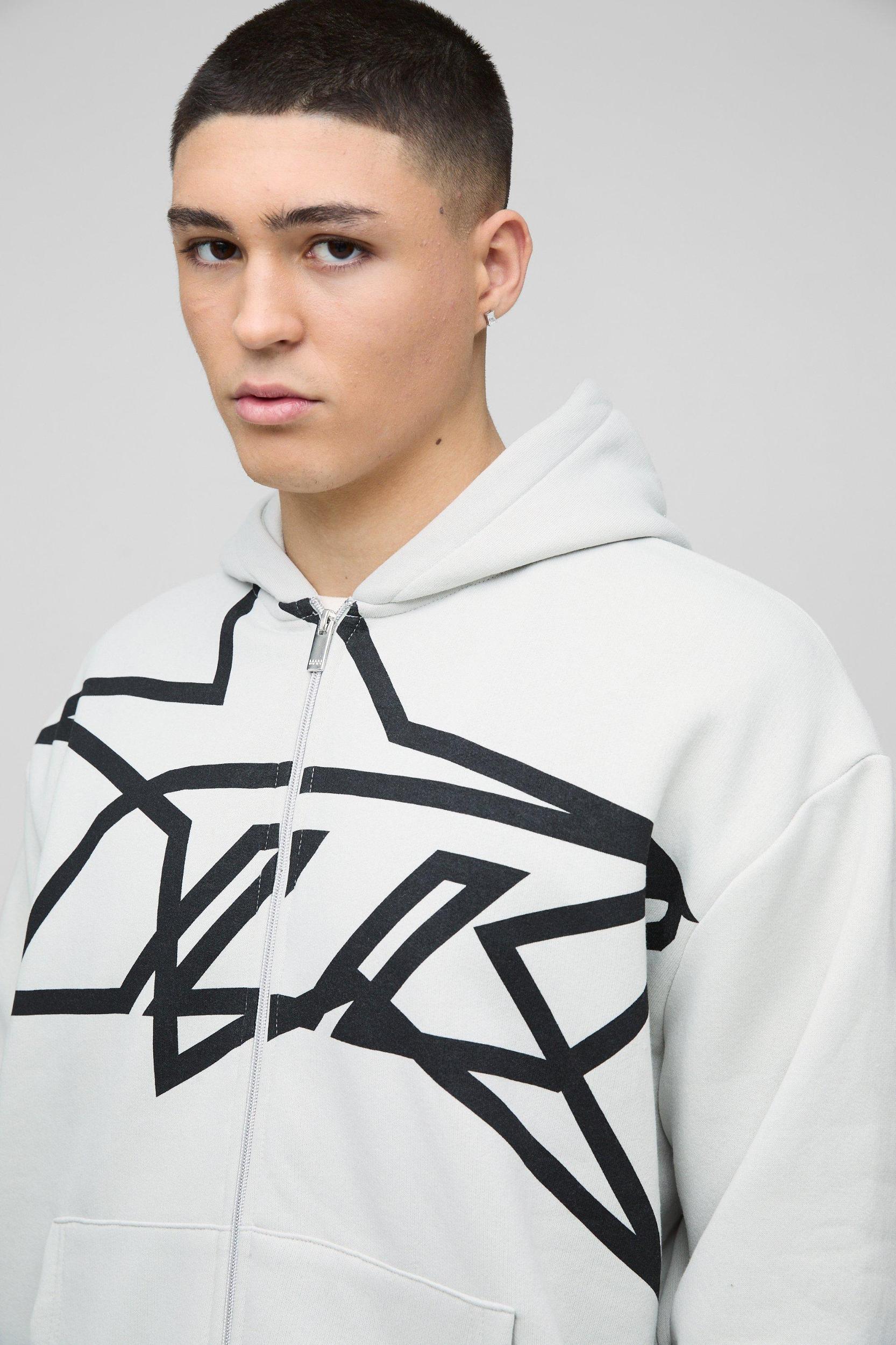 Oversized Boxy Star Printed Zip Through Hoodie | boohooMAN USA Product Image