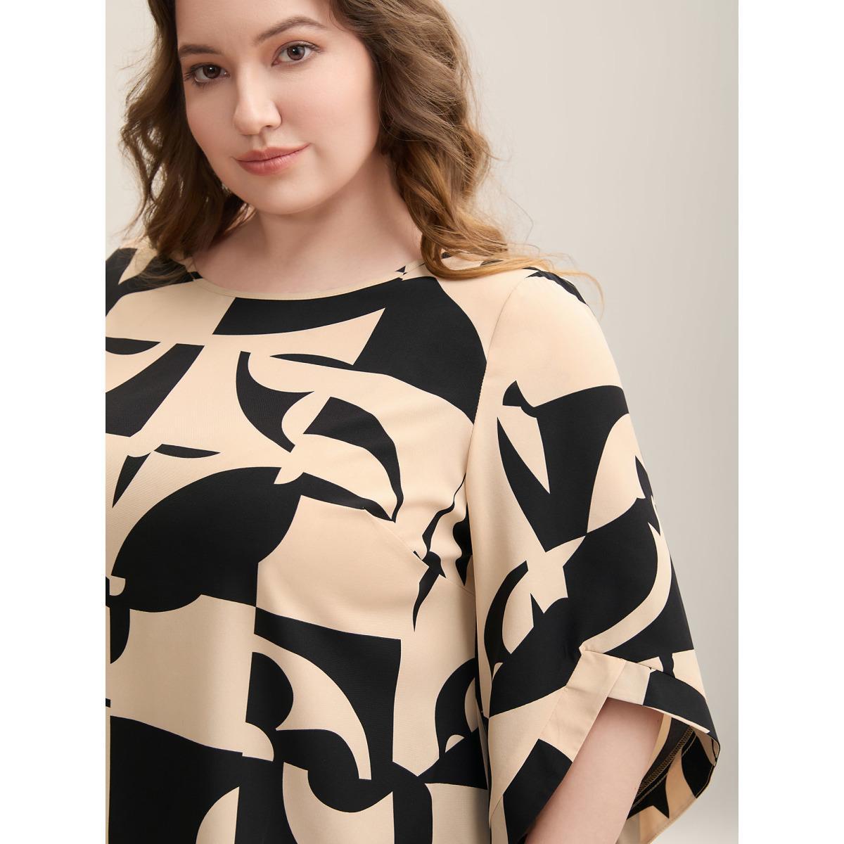 Plus Size Multicolor Geometric Pattern Tab Sleeve Flowy Blouse Women At the Office Elbow-length sleeve Round Neck Work Blouses BloomChic 10/M Product Image