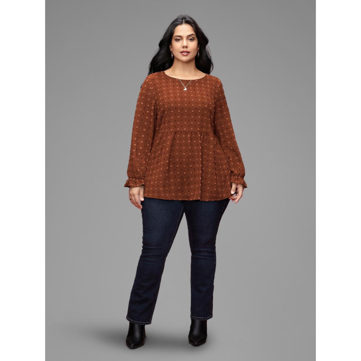 Plus Size Rust Textured Dot Elastic Cuffs A-line Blouse Women Casual Long Sleeve Round Neck Everyday Blouses BloomChic 12/L Product Image